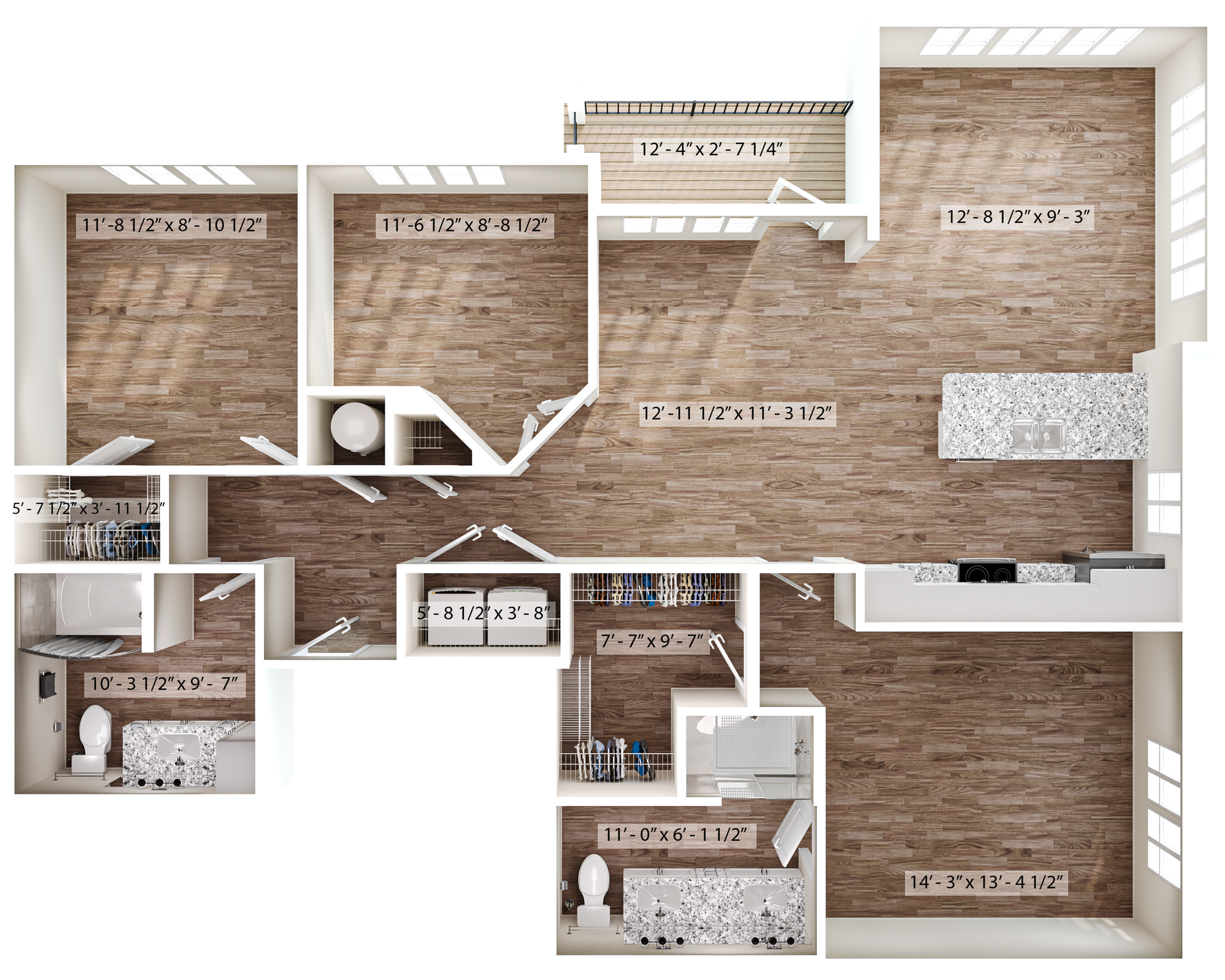Modern 3D floor plan showcasing a spacious layout with three bedrooms, open-concept kitchen, expansive living area, and stylish bathrooms, perfect for contemporary living.