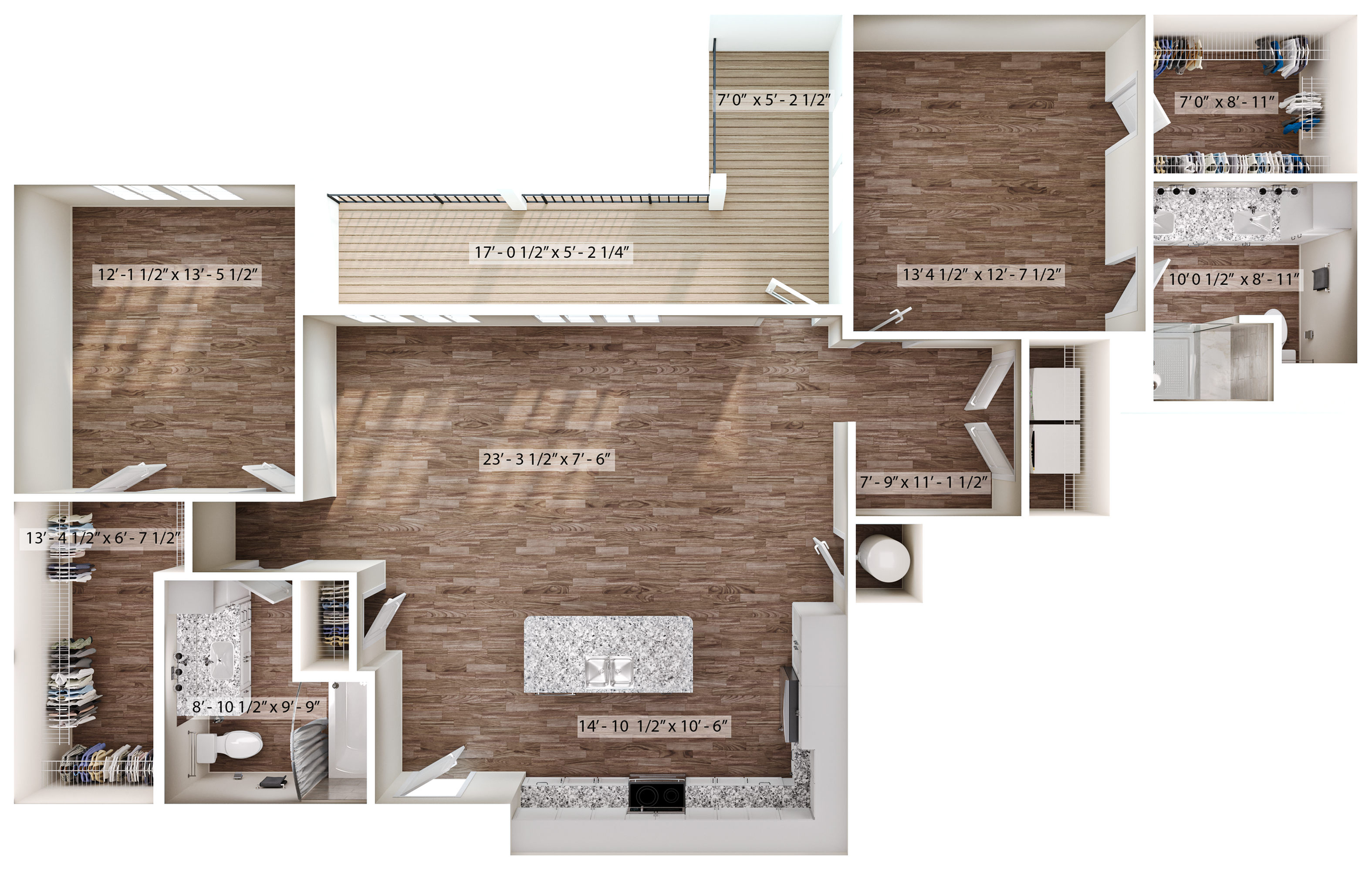Elegant floor plan featuring 3 bedrooms, a modern open-concept living area, and a stylish kitchen with a central island, perfect for contemporary living.