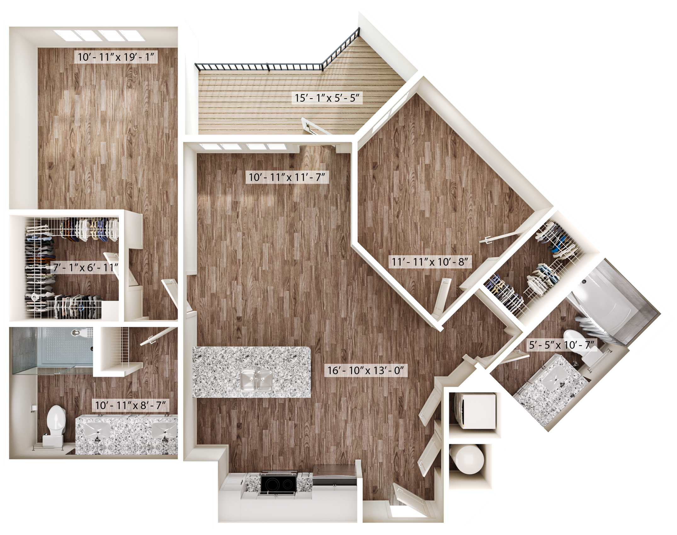 Contemporary floor plan showcasing a spacious two-bedroom apartment with a large living area, modern kitchen, and ample storage space.