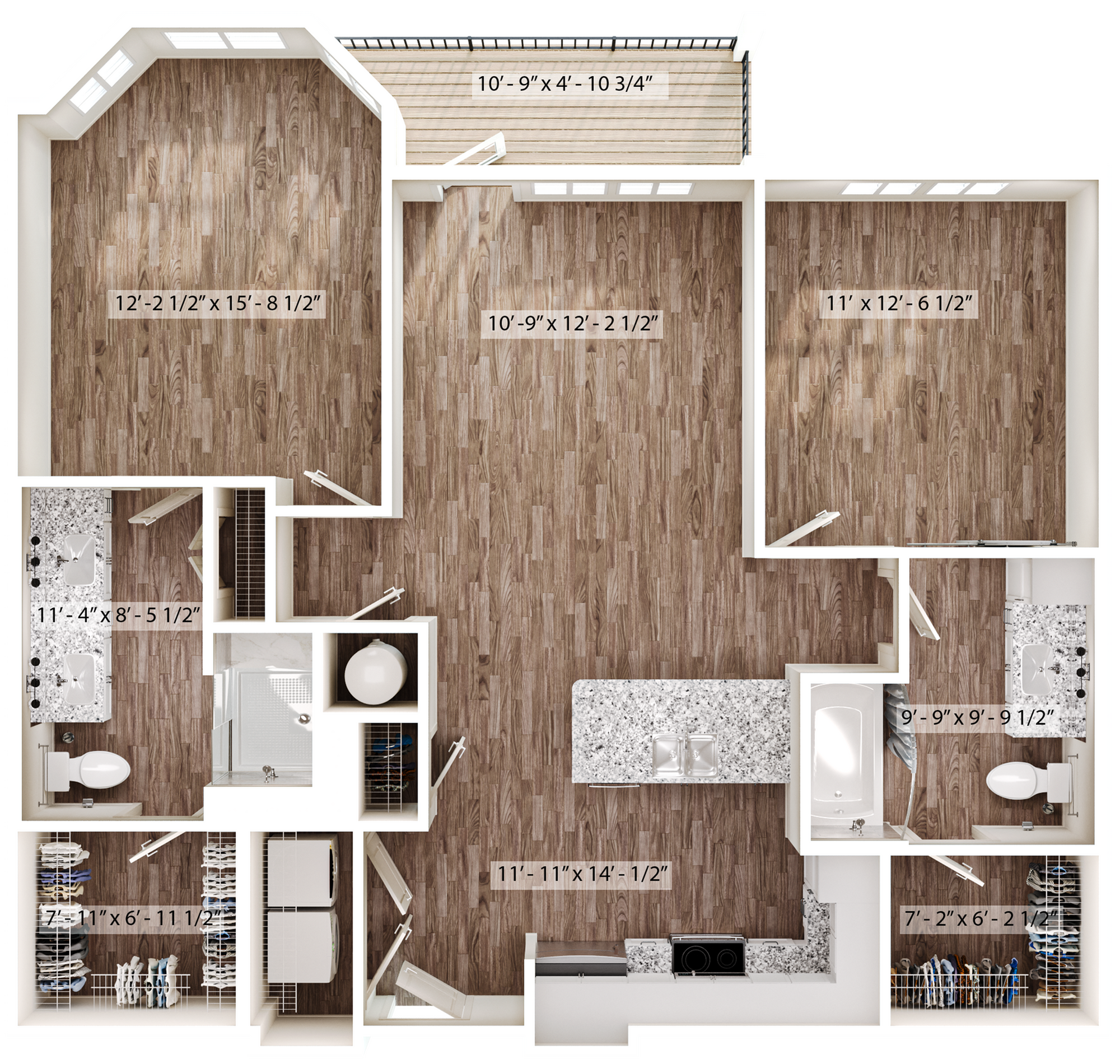 Modern apartment floor plan featuring 3 spacious bedrooms, a luxurious open-concept kitchen and living area, and two elegant bathrooms with stylish fixtures.