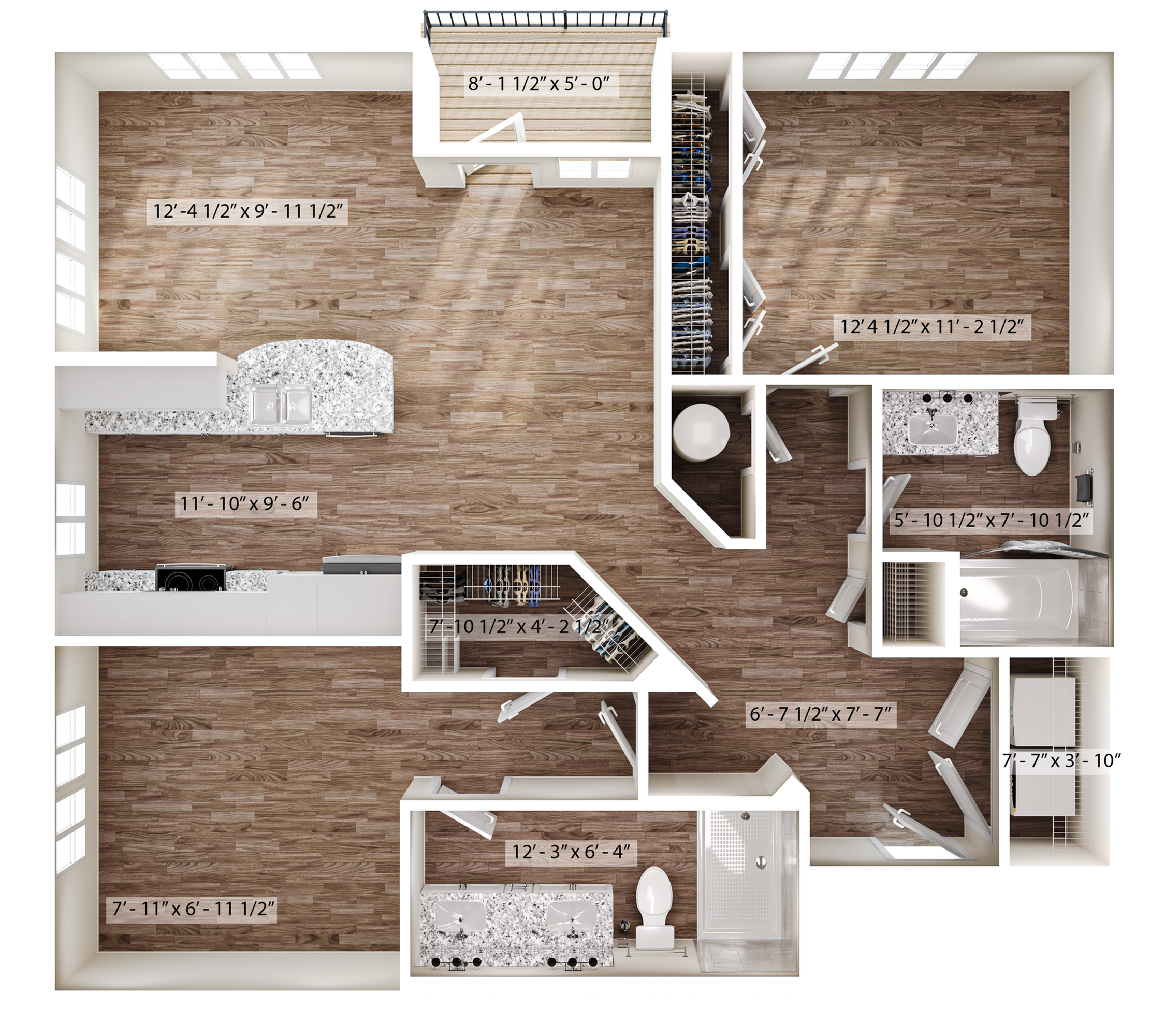 Modern floor plan showcasing spacious living area, two bedrooms, sleek kitchen, ample closets, and elegant bathrooms.