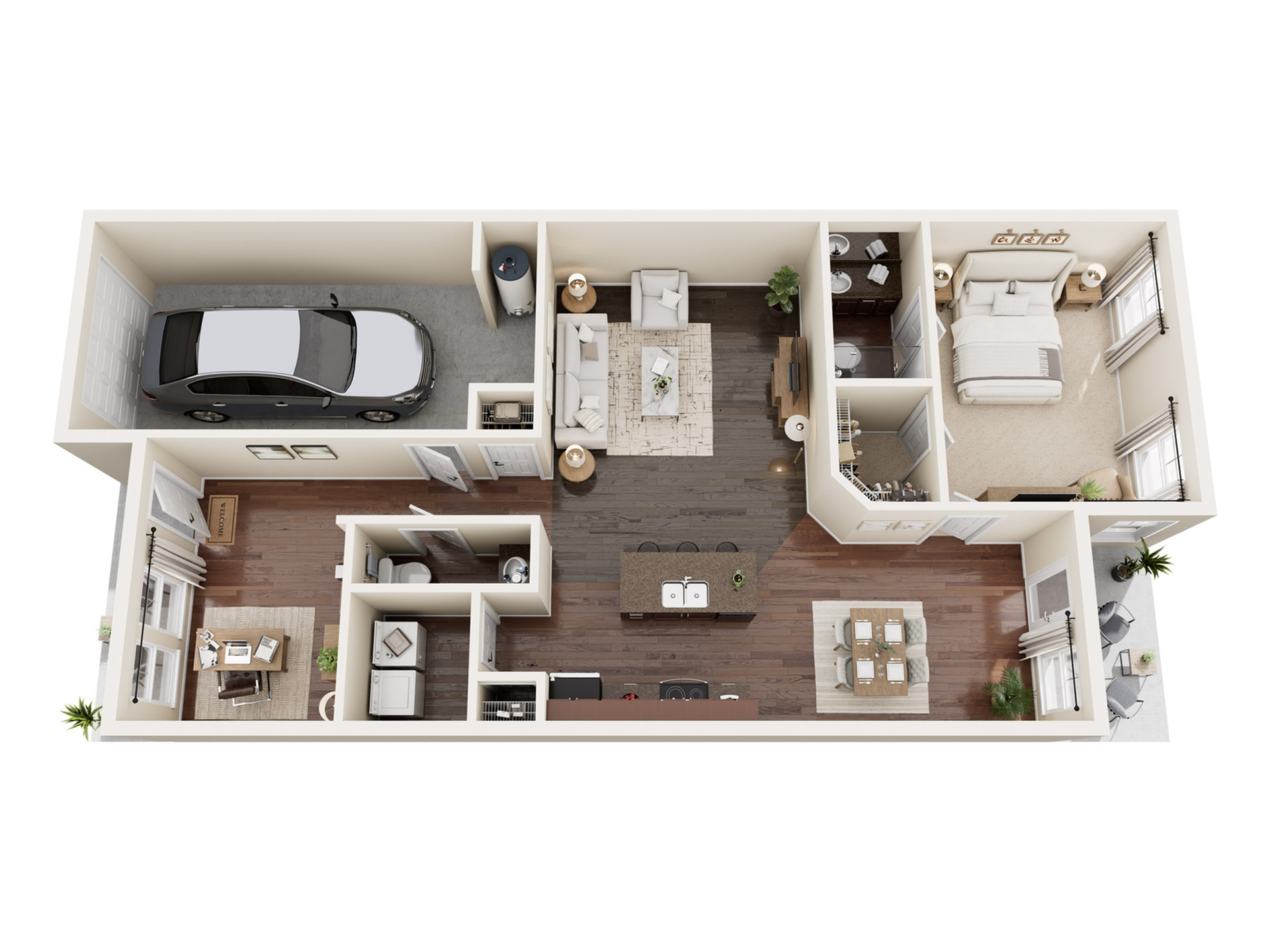 Sophisticated 3D floor plan showcasing a single-bedroom layout with open-concept kitchen and dining area, cozy living room, home office, modern bathroom, and attached garage.