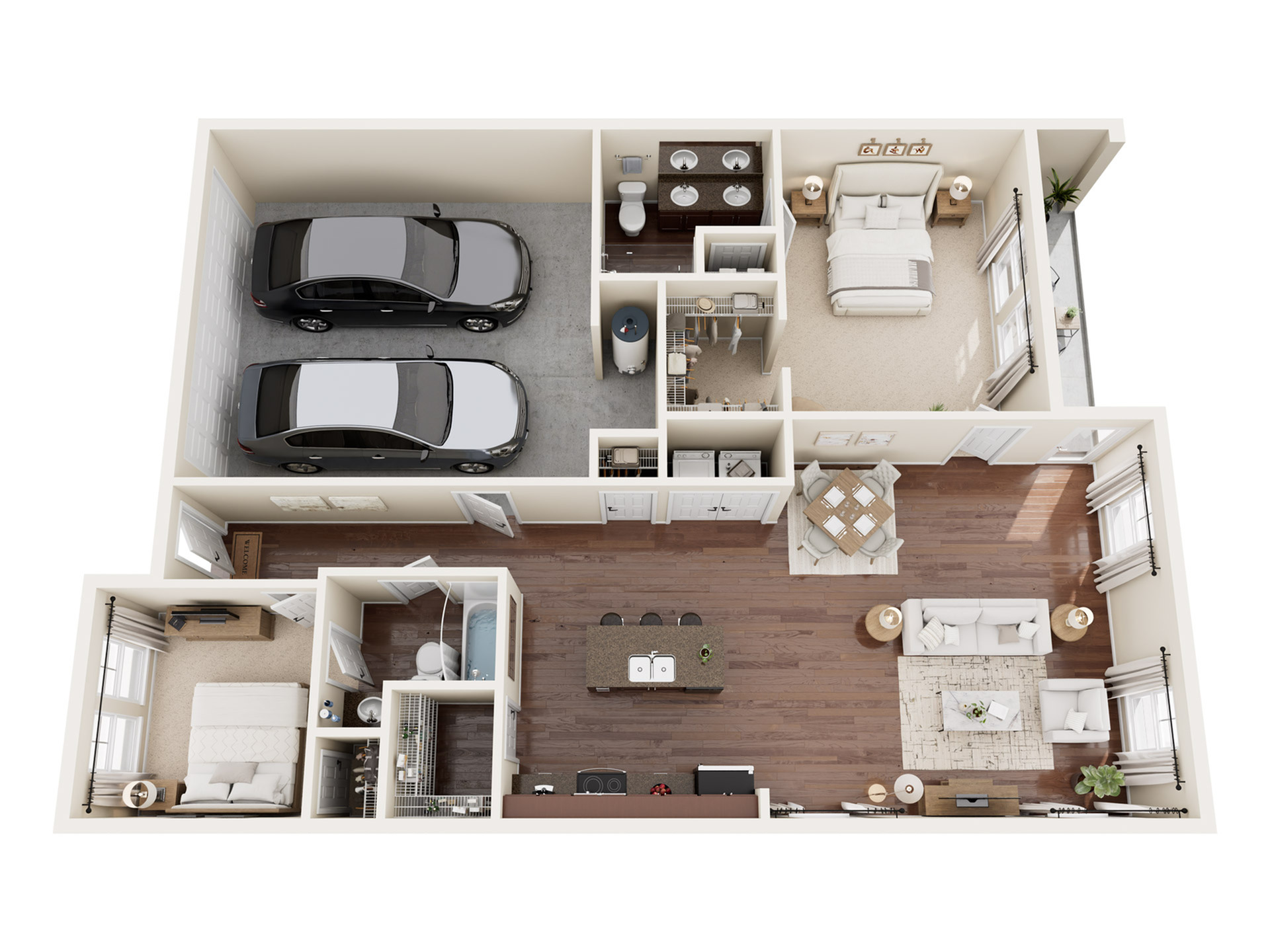 Modern 3D floor plan showcasing 2 bedrooms, 2 bathrooms, open-concept living and dining area, stylish kitchen, and a spacious garage for two cars.