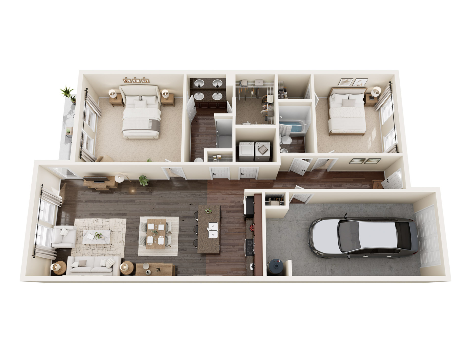 Chic 3D floor plan showcasing 2 spacious bedrooms, open-plan living and dining area, modern kitchen, and attached garage with car.