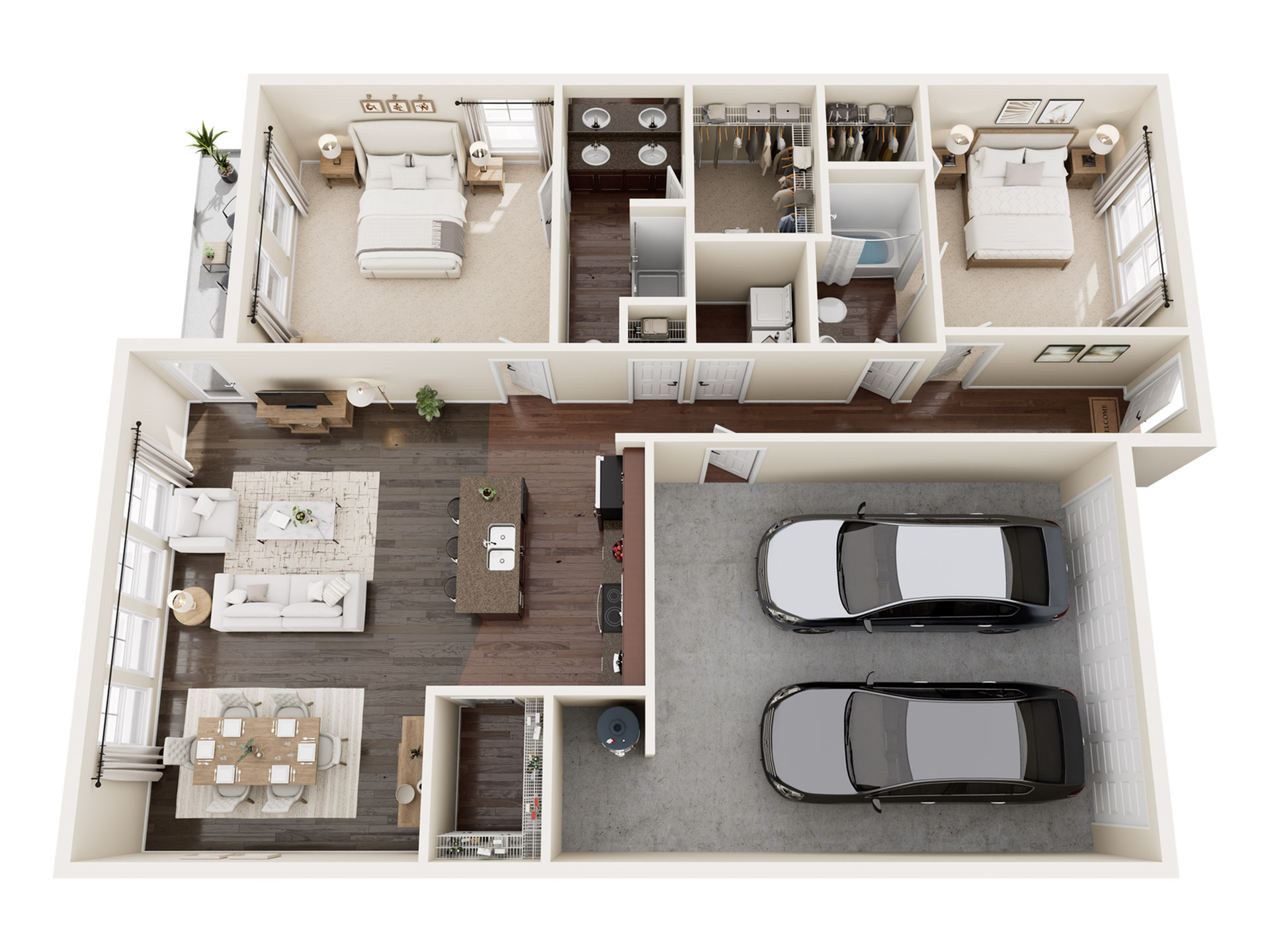 Modern 3D floor plan showcasing 2 bedrooms, elegant open-concept living and dining area, sleek kitchen with island, and a spacious double garage.