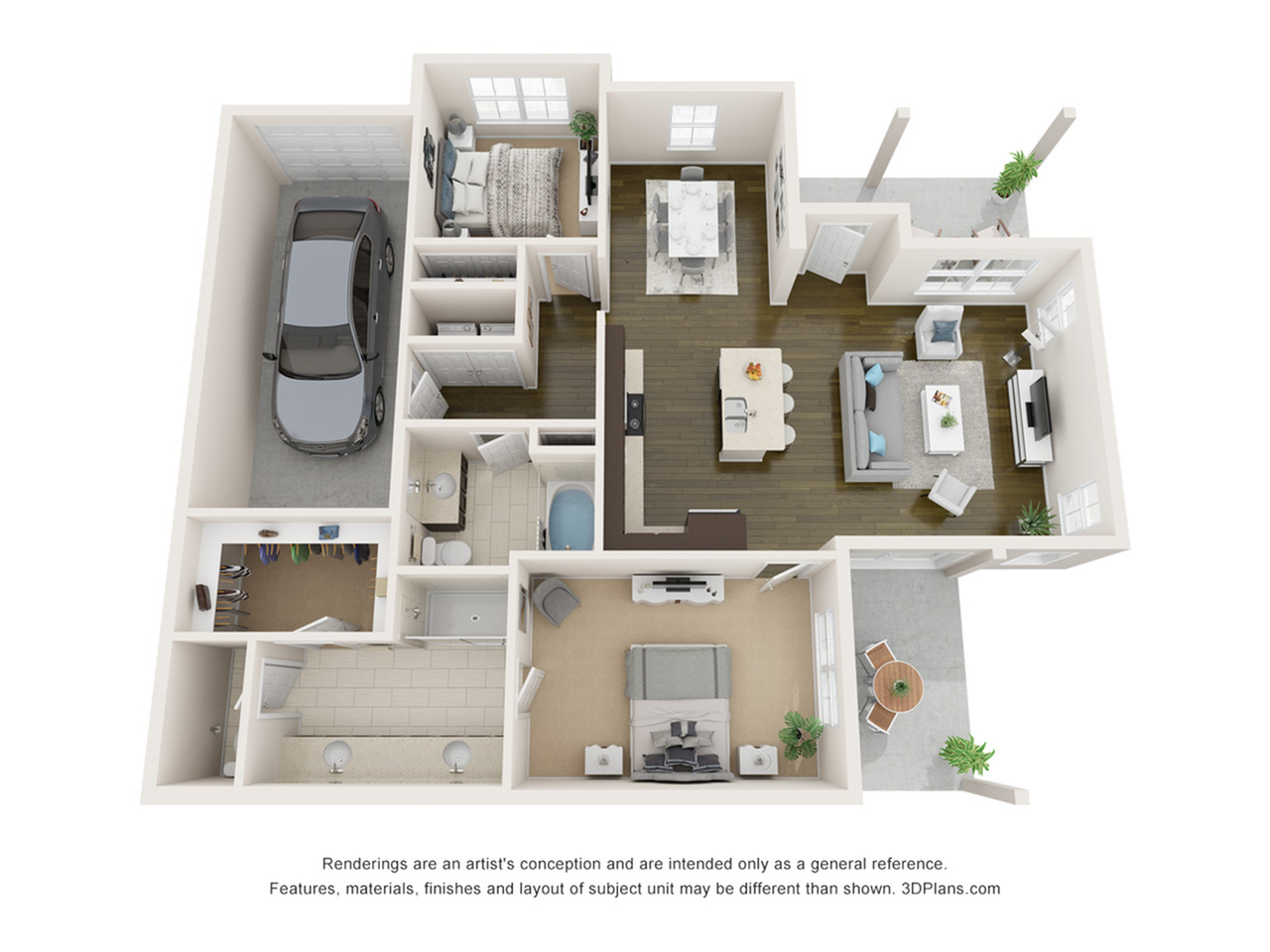 Modern 3D floor plan showcasing a spacious 2-bedroom, 2-bathroom layout with an open-concept living area, integrated kitchen, and convenient garage. Features include a welcoming patio and cozy dining space.