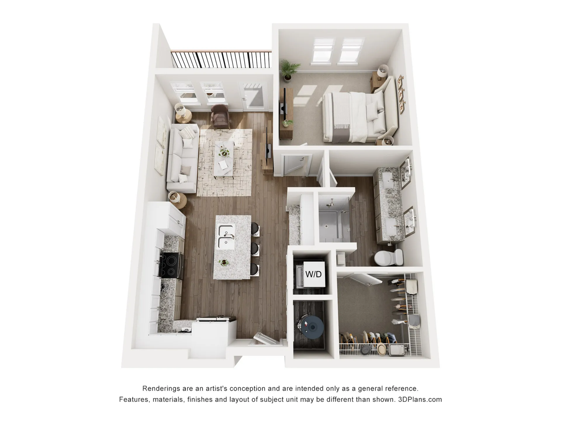 3D floor plan of a stylish one-bedroom apartment with an open-concept living area and modern kitchen.