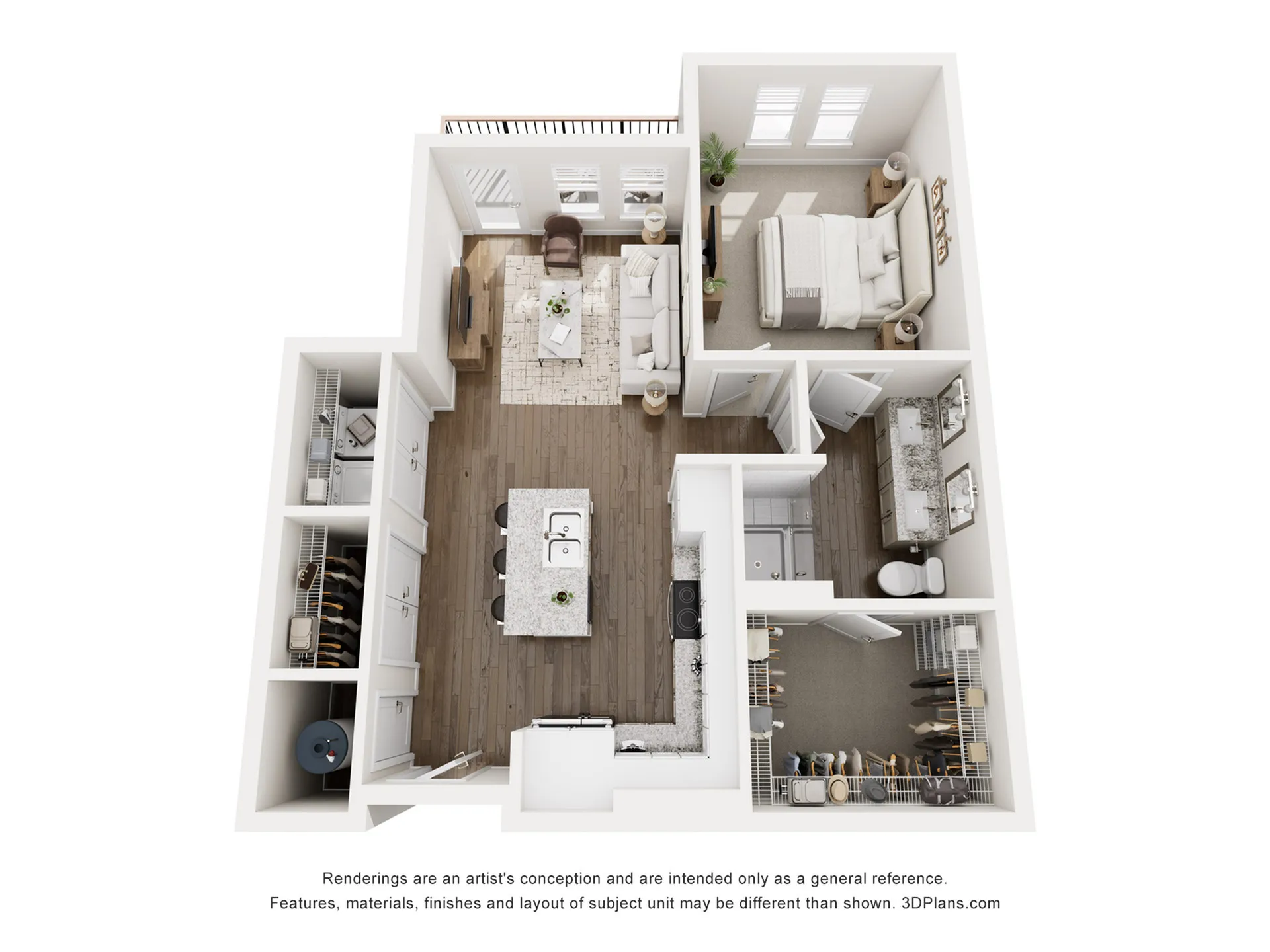 3D floor plan showcasing a modern apartment with one bedroom, a stylish bathroom, open-concept living area, and chic kitchen.