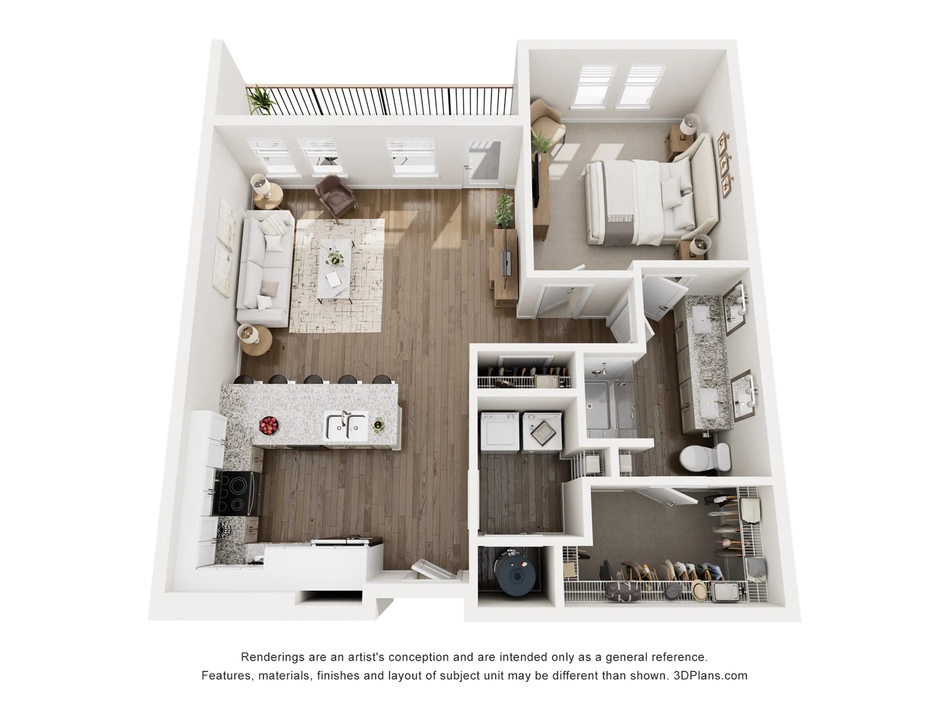 Modern 3D floor plan featuring a spacious apartment with one bedroom, open kitchen, and cozy living area.