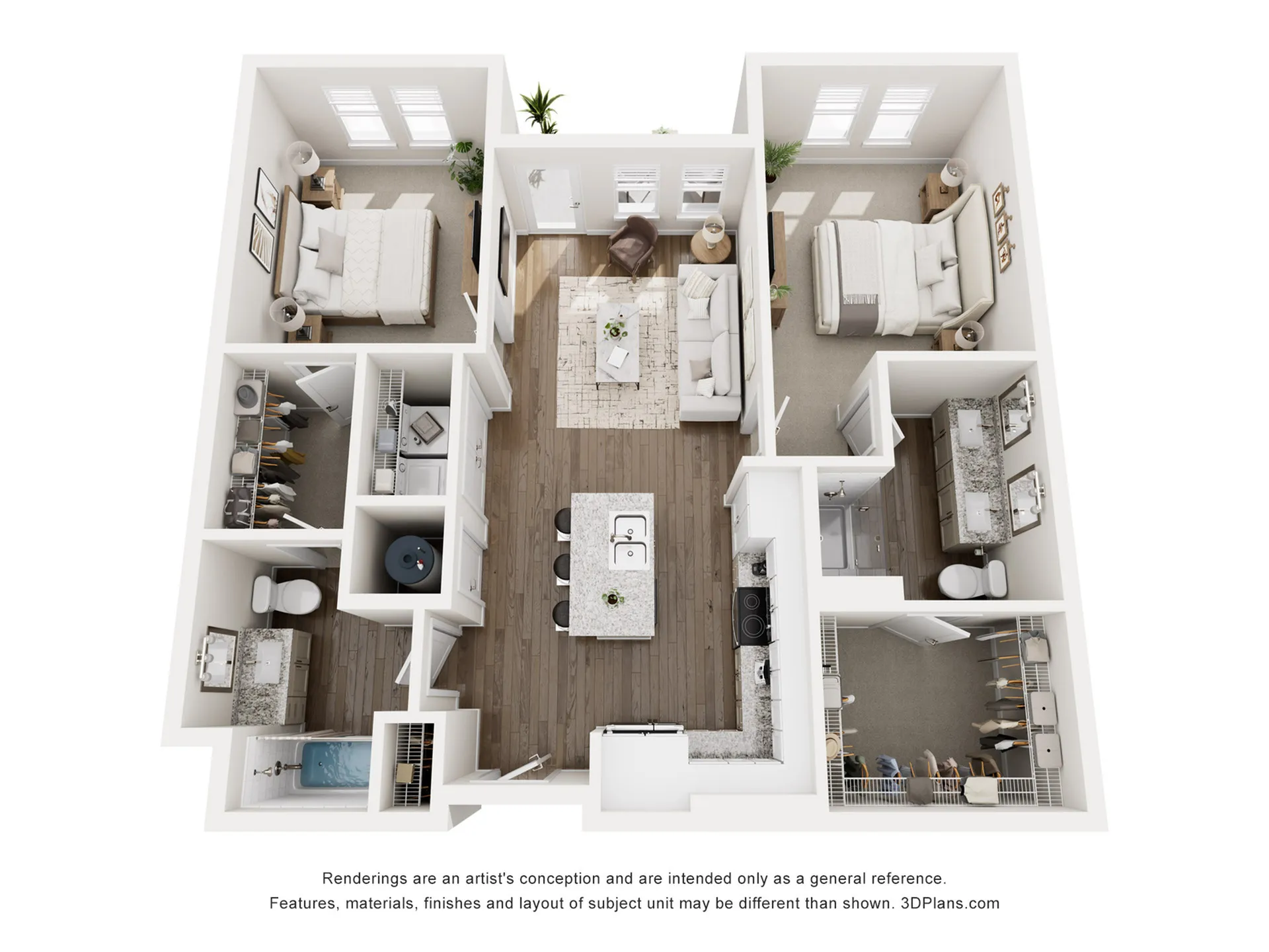 Elegant 3D floor plan showcasing 2 bedrooms, open living space, modern kitchen, and 2 bathrooms.