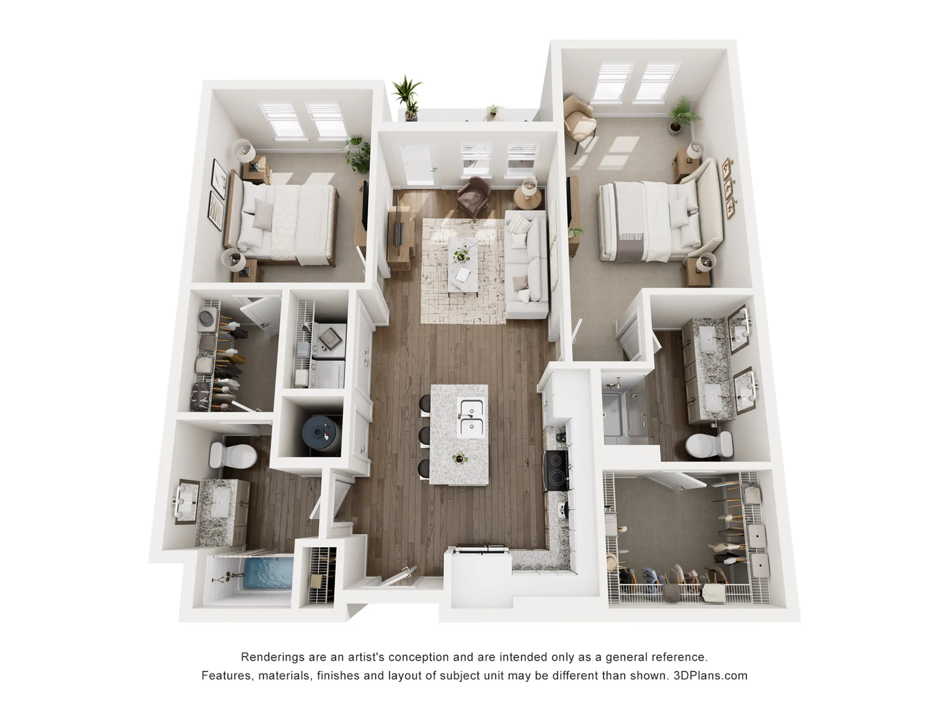 Stylish 3D floor plan featuring two bedrooms, a cozy living room, and an open kitchen layout.