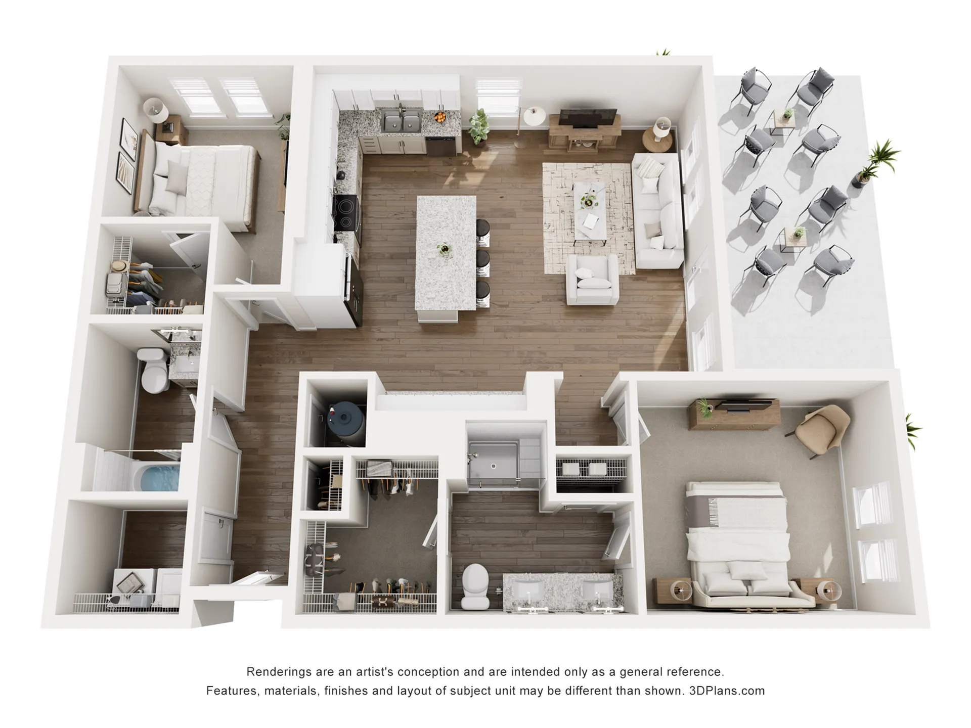 3D floor plan of a 2-bedroom apartment featuring an open-concept kitchen, cozy living room, and spacious outdoor terrace.