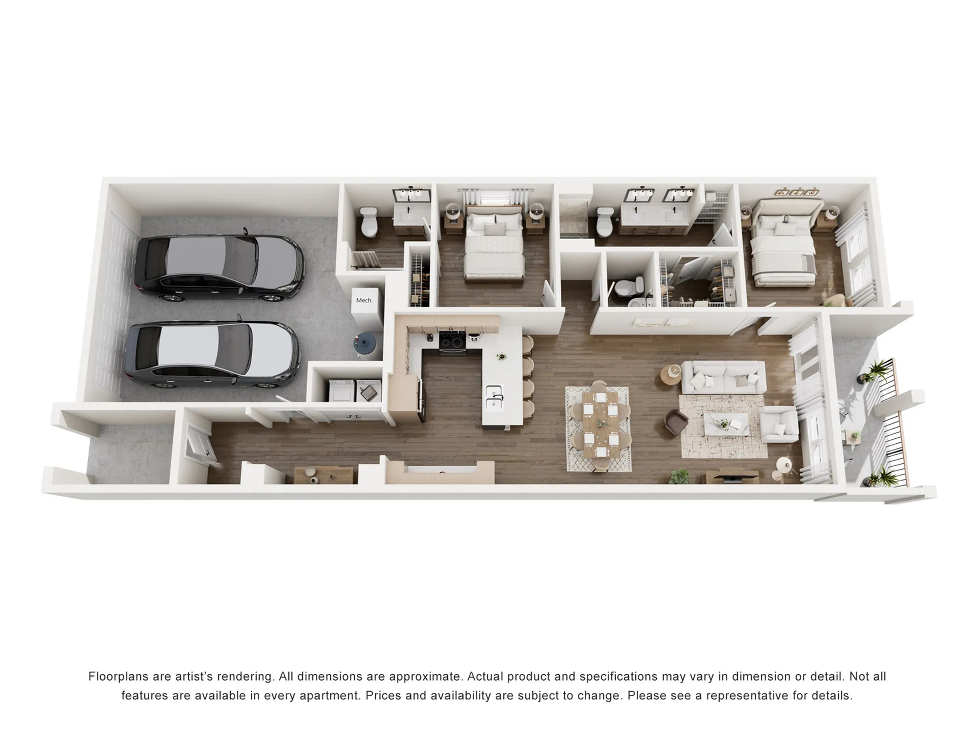 Modern 3D floor plan showcasing a spacious layout with 2 bedrooms, an open living and dining area, a sleek kitchen, and a convenient double garage.