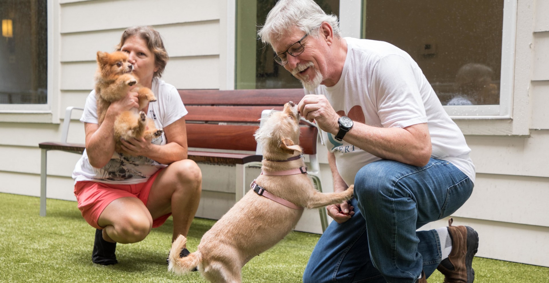 Couple playing with dog