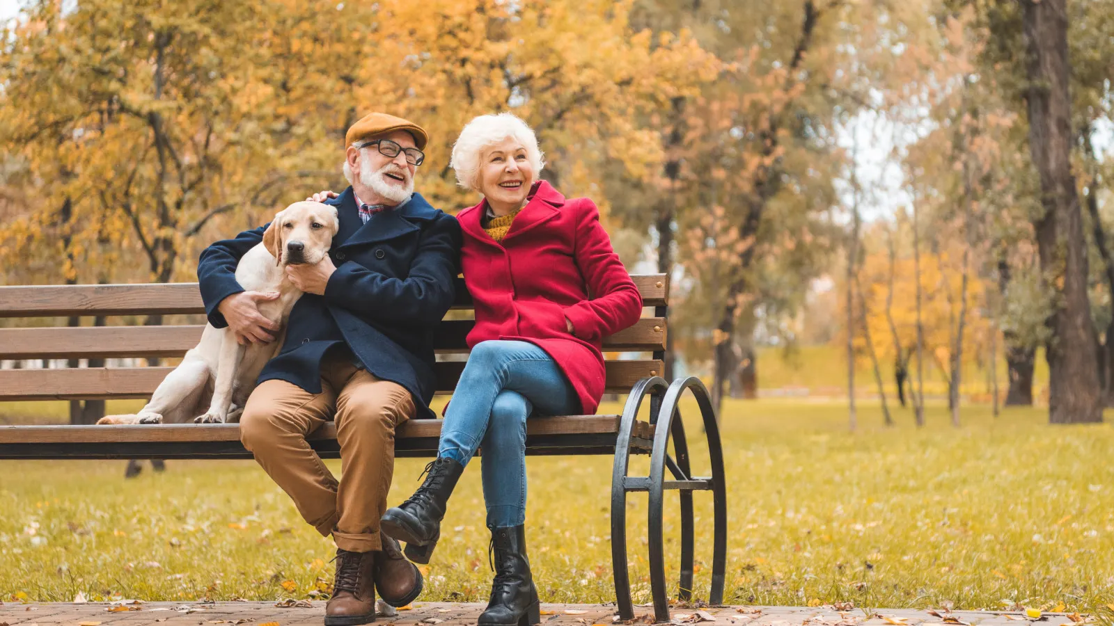 couple with dog on bench