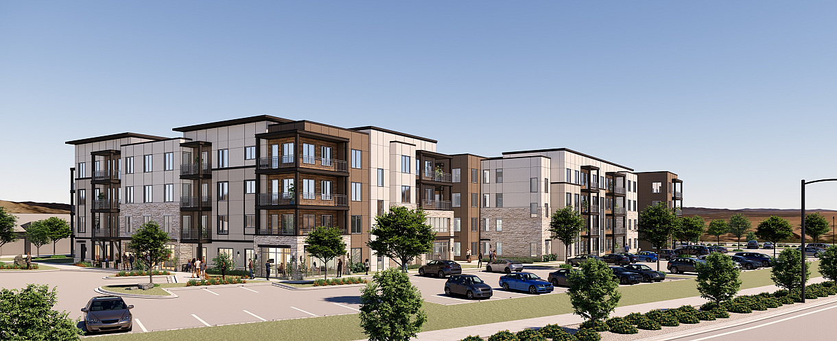 Modern apartment complex featuring sleek architectural design and lush landscaping, set against a serene blue sky.