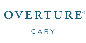 Logo image featuring 'Overture Cary' in elegant blue font on a clean white background.