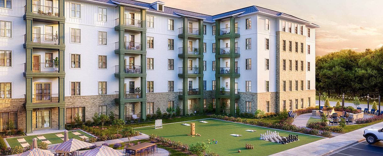 Charming apartment complex exterior with classic design, surrounded by lush gardens, outdoor chess, and seating area under soft evening skies.