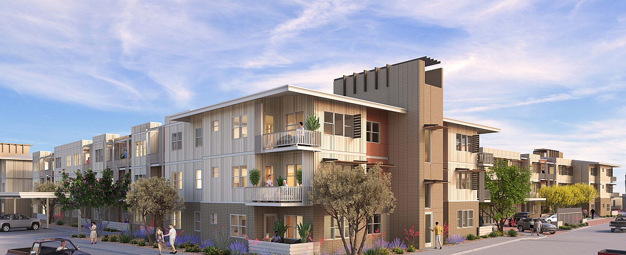 Modern apartment complex with sleek architecture, featuring spacious balconies, lush landscaping, and a sunny, inviting exterior.
