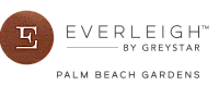 Elegant Everleigh by Greystar logo with a rich, earthy circle and stylized 'E' design, set above the text 'Palm Beach Gardens'.