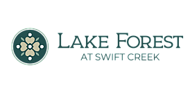 Lake Forest at Swift Creek logo featuring a floral emblem with a sophisticated green color scheme.