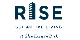 Elegant logo for RISE 55+ Active Living at Glen Kernan Park, showcasing vibrant community living in a stylish, modern design.