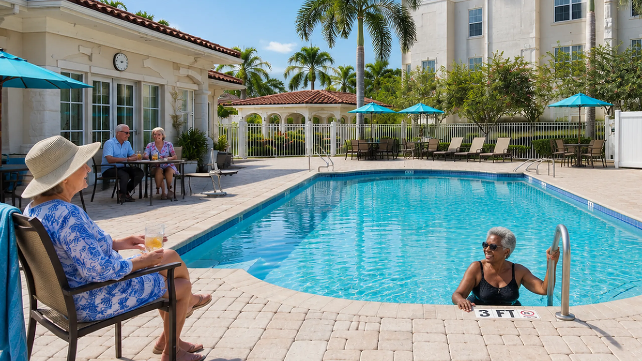 Inviting poolside retreat with sun loungers surrounded by lush greenery and a stylish outdoor seating area.