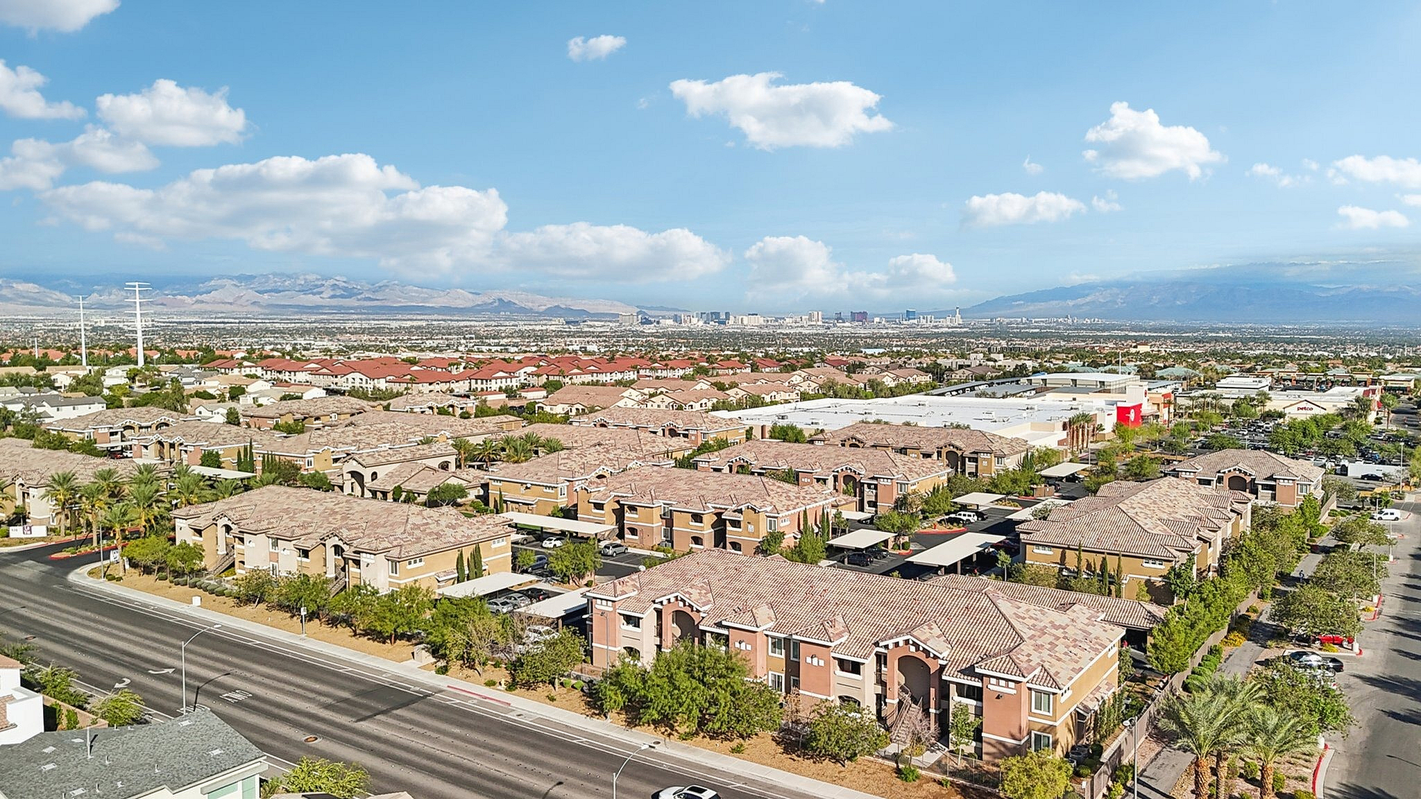 Vibrant aerial view of a charming residential neighborhood with scenic mountain backdrop and a bustling city skyline in the distance.