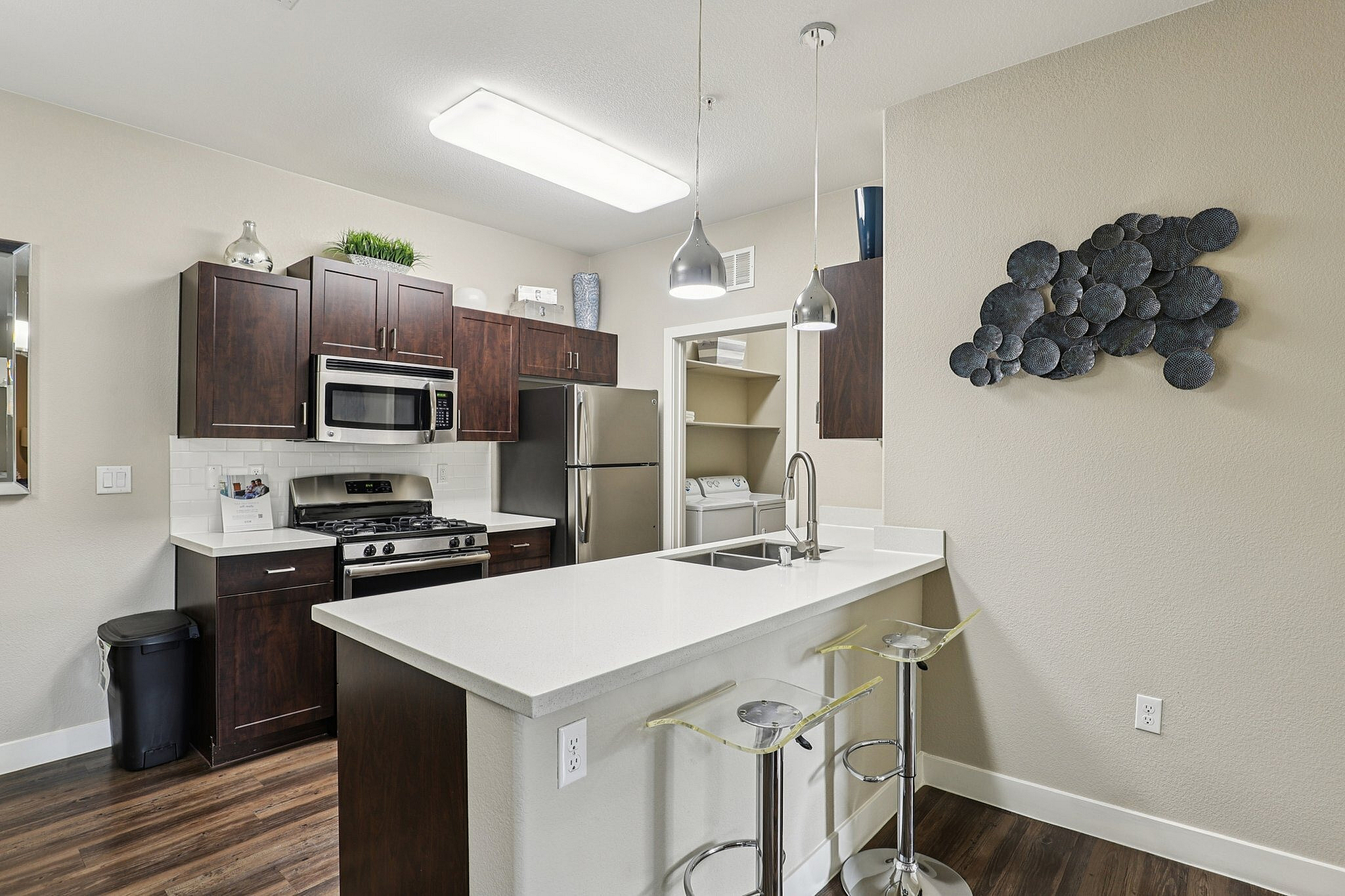 Modern kitchen with sleek stainless steel appliances and elegant dark wood cabinets, complemented by a chic breakfast bar and contemporary pendant lighting.