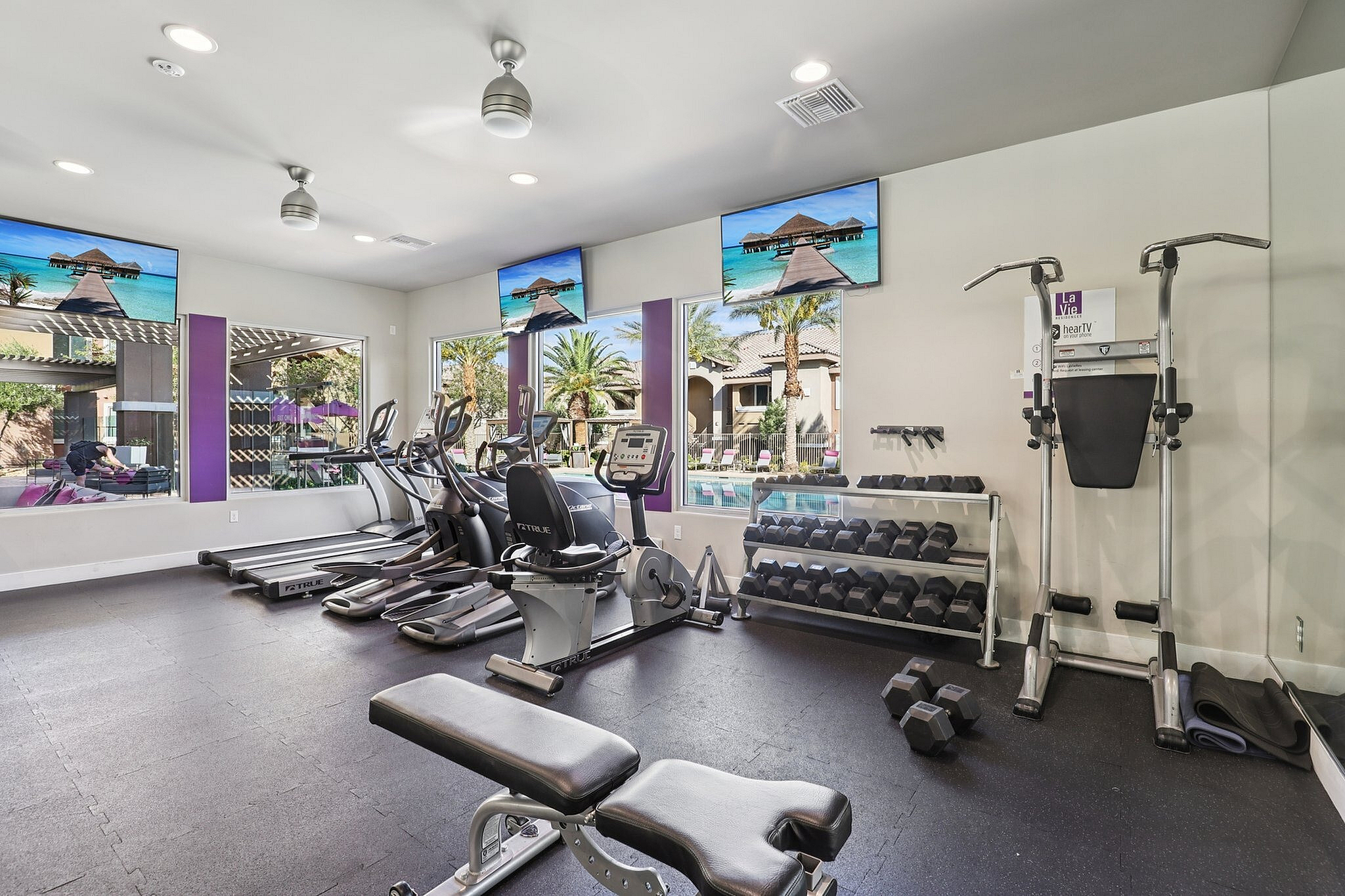 Modern fitness center with state-of-the-art exercise equipment, overlooking a scenic outdoor pool and palm trees.