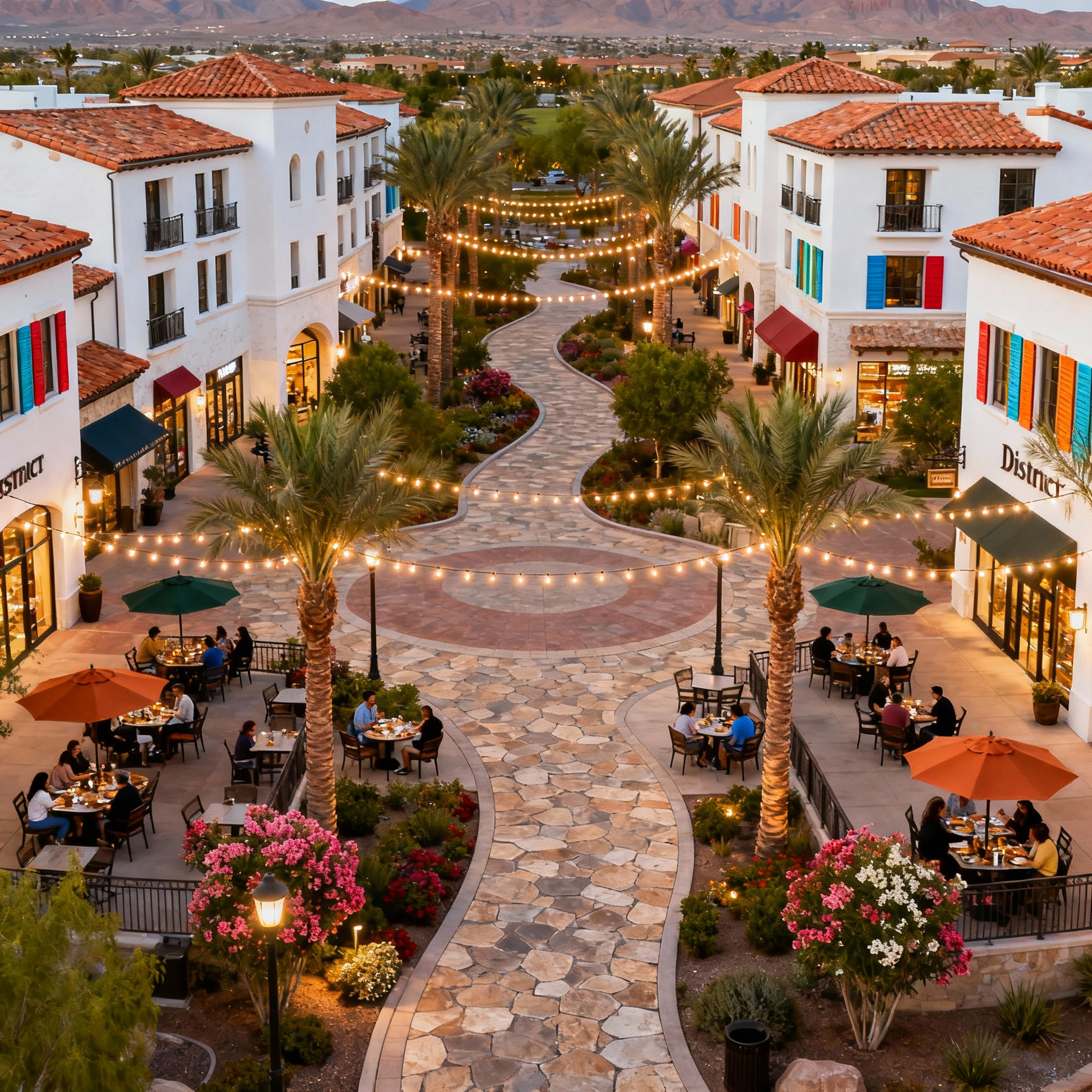 Charming Mediterranean-style plaza with vibrant storefronts, cozy outdoor dining, and picturesque string lights, creating an inviting atmosphere.