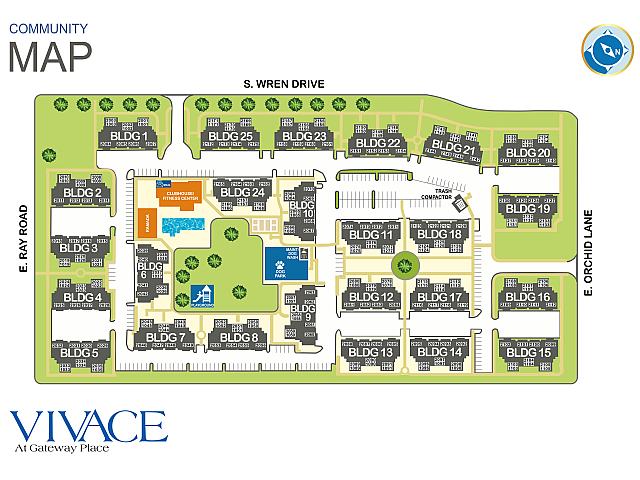 Vibrant community layout at Vivace At Gateway Place showcasing modern buildings, lush green spaces, a dog park, clubhouse, fitness center, and playground.