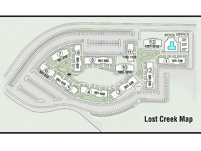 Lost Creek Map showcasing residential buildings, ample parking, and convenient amenities like a pool, fitness center, and dog park.