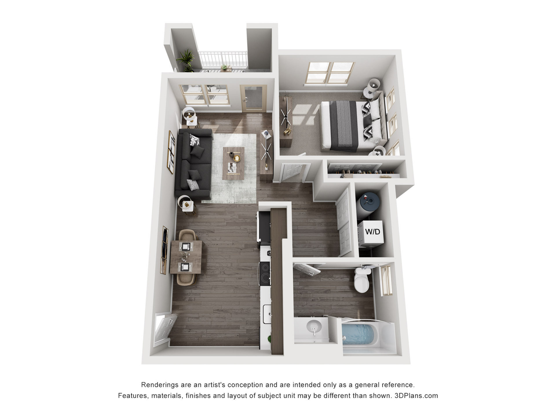 Modern 3D floor plan showcasing a cozy one-bedroom apartment with an elegant living area, sleek kitchen, and a convenient bathroom layout.