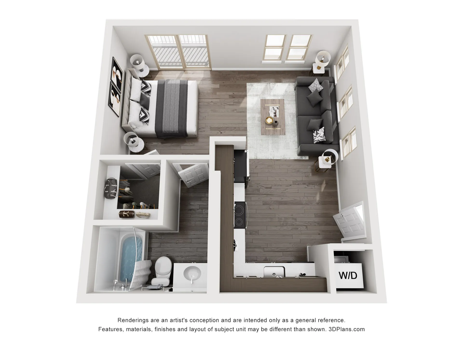 Modern 3D floor plan showcasing an inviting one-bedroom apartment with open living space, sleek kitchen, cozy lounge area, and elegant bathroom.