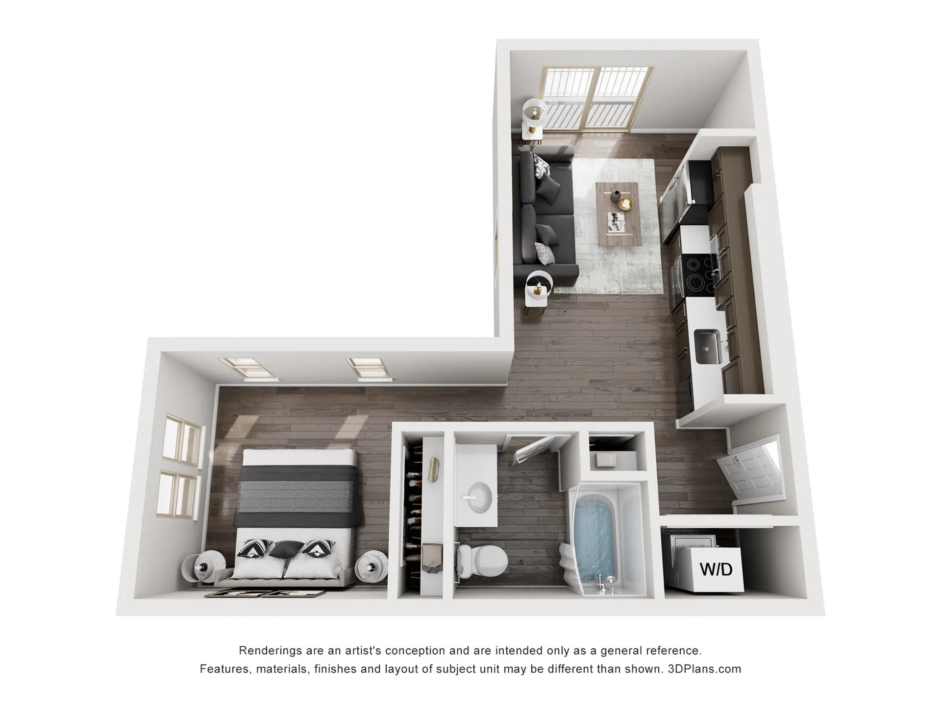 Modern 3D apartment floor plan showcasing one-bedroom layout, cozy living area, sleek kitchen, and bathroom with a bathtub.