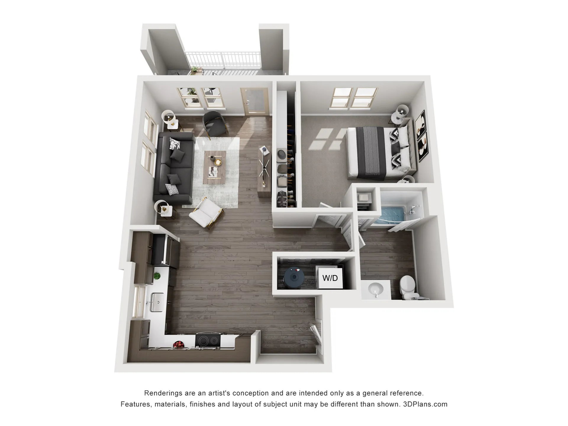 Modern 3D floor plan showcasing a cozy 1-bedroom apartment with a spacious living area, sleek kitchen, and stylish bathroom.