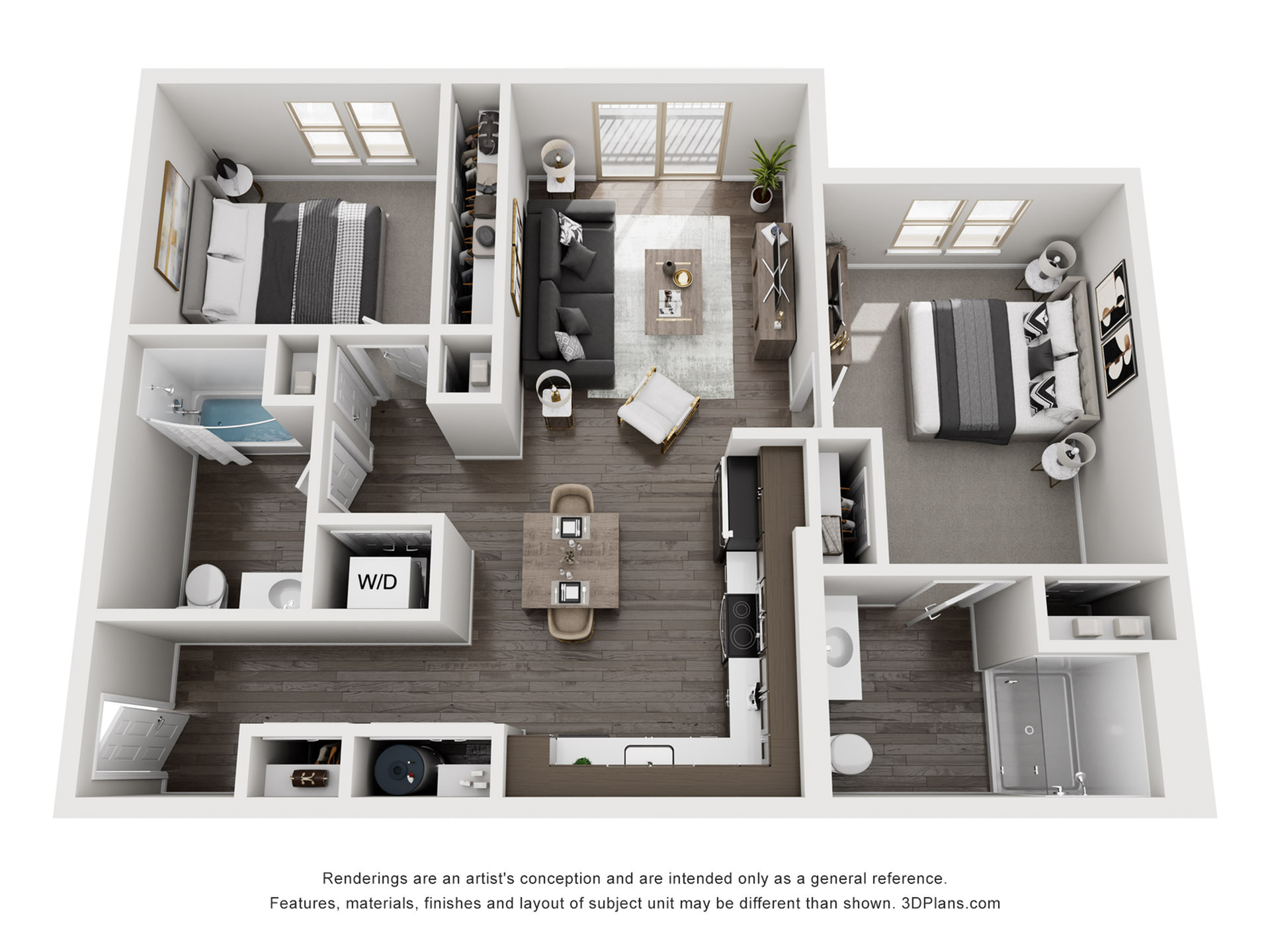Modern 3D floor plan showcasing 2 cozy bedrooms, a sleek open-concept living area, contemporary kitchen, and stylish bathrooms.
