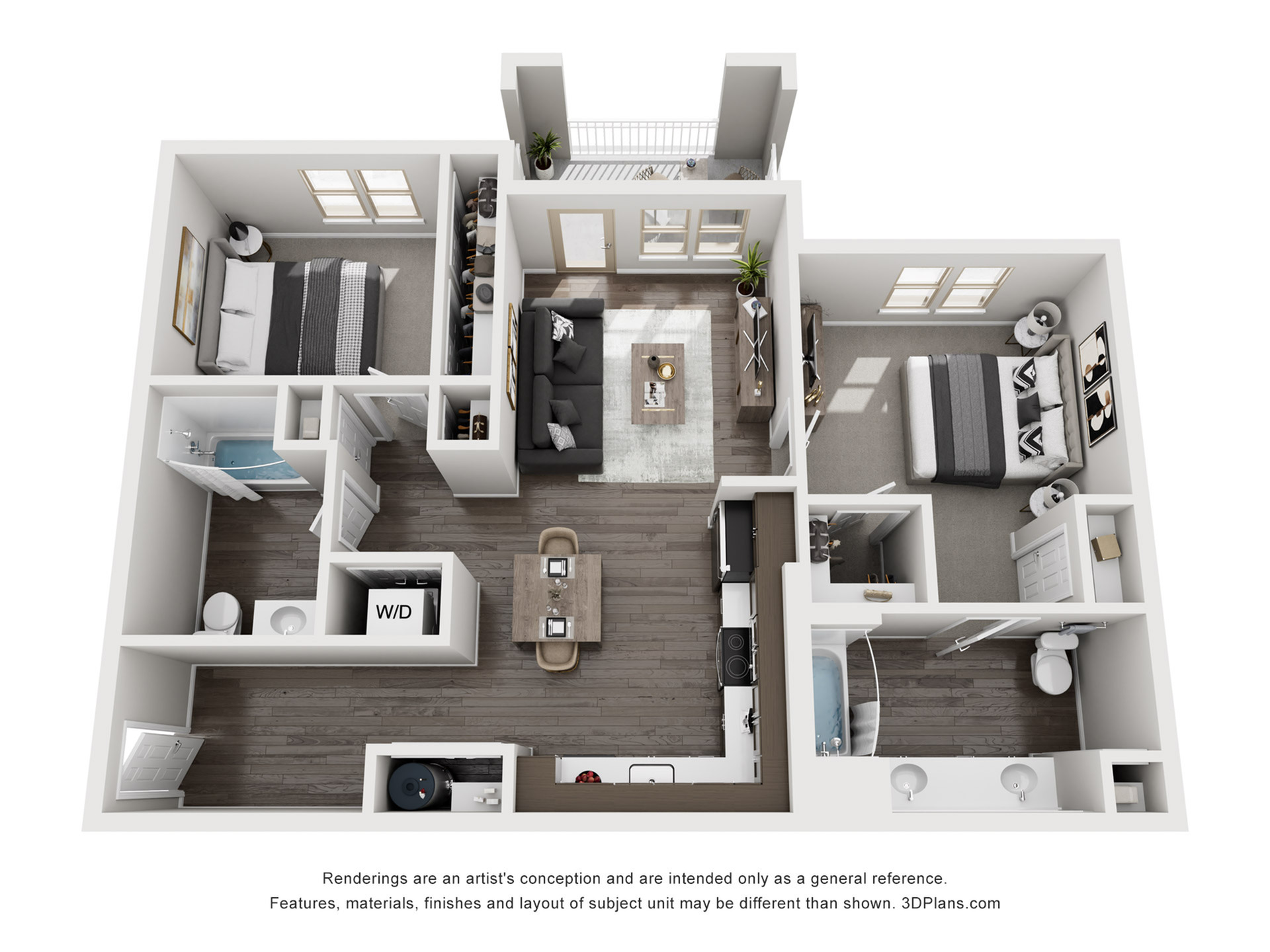 Elegant 3D floor plan highlighting a modern apartment with two spacious bedrooms, two sleek bathrooms, an open-concept living room, and a contemporary kitchen. Includes a cozy balcony and convenient in-unit laundry facilities.