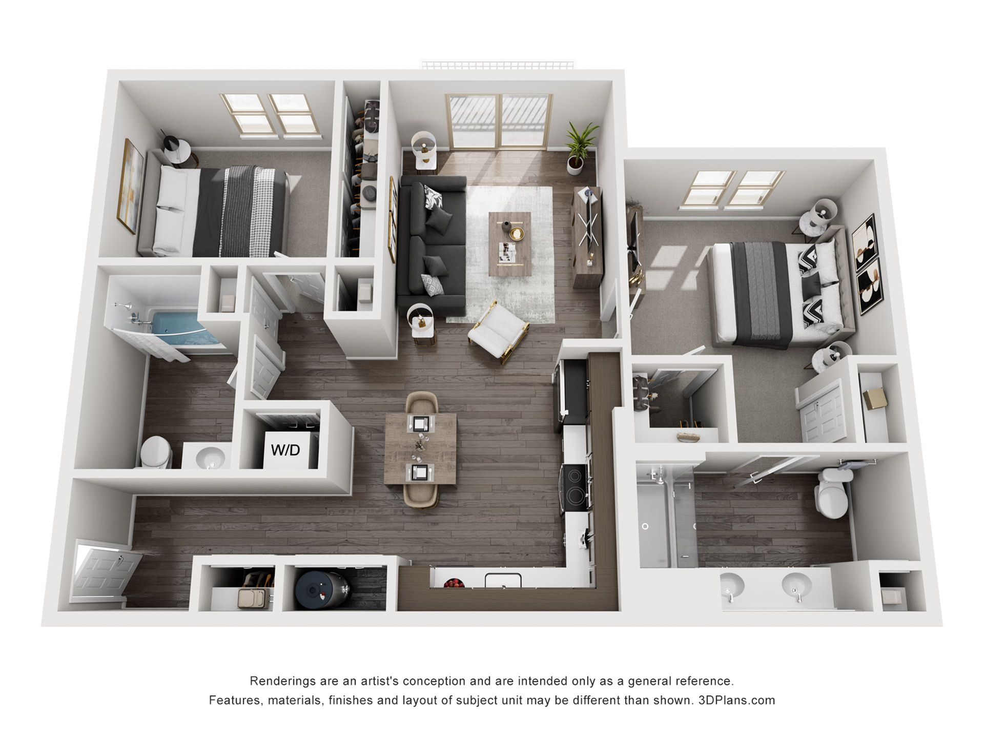 Modern 3D floor plan featuring 2 spacious bedrooms, sleek open-concept living area, elegant kitchen, and 2 contemporary bathrooms.