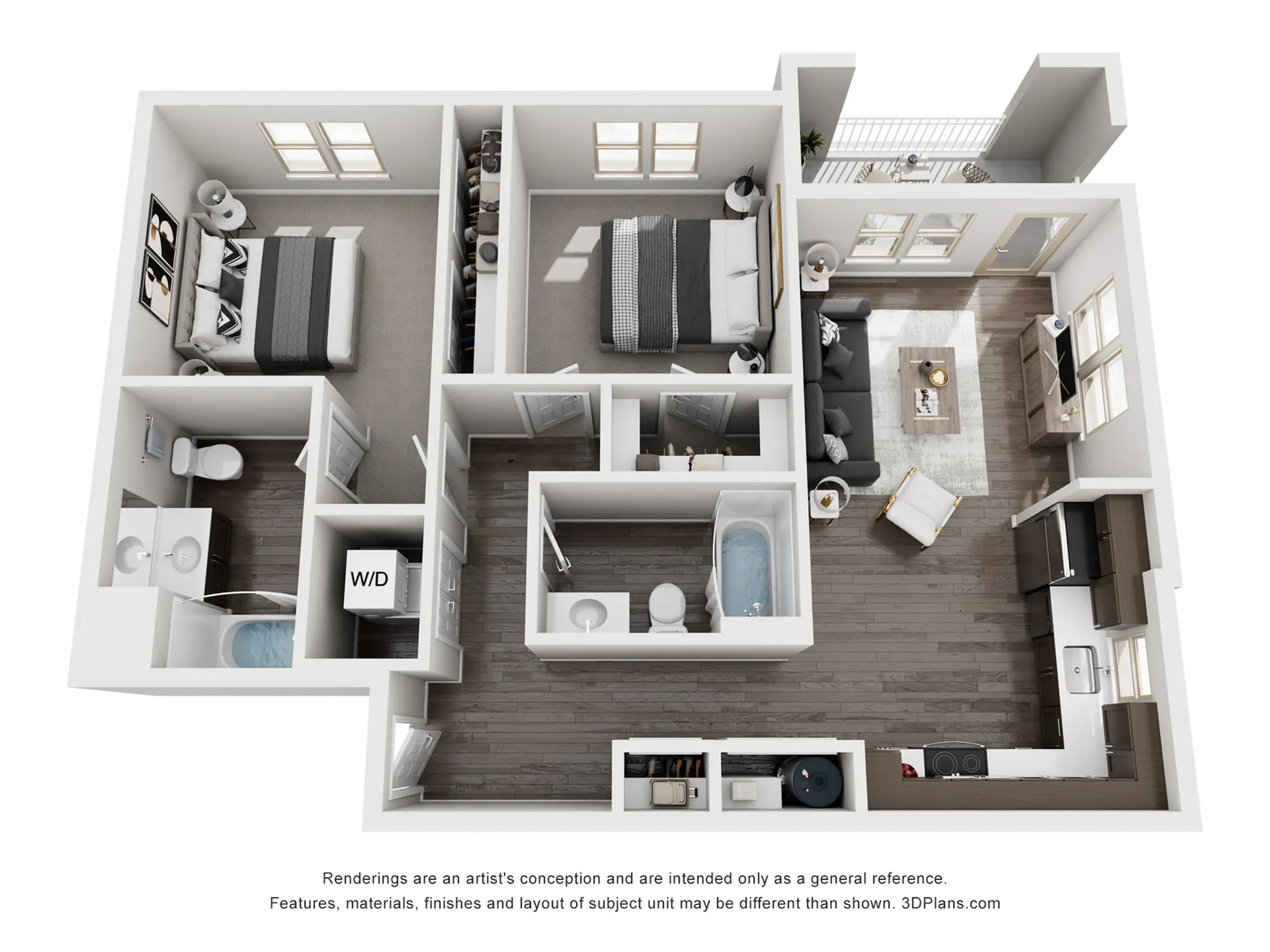 Modern 3D floor plan showcasing 2 bedrooms, a cozy living room with balcony, and a sleek kitchen, ideal for contemporary living.