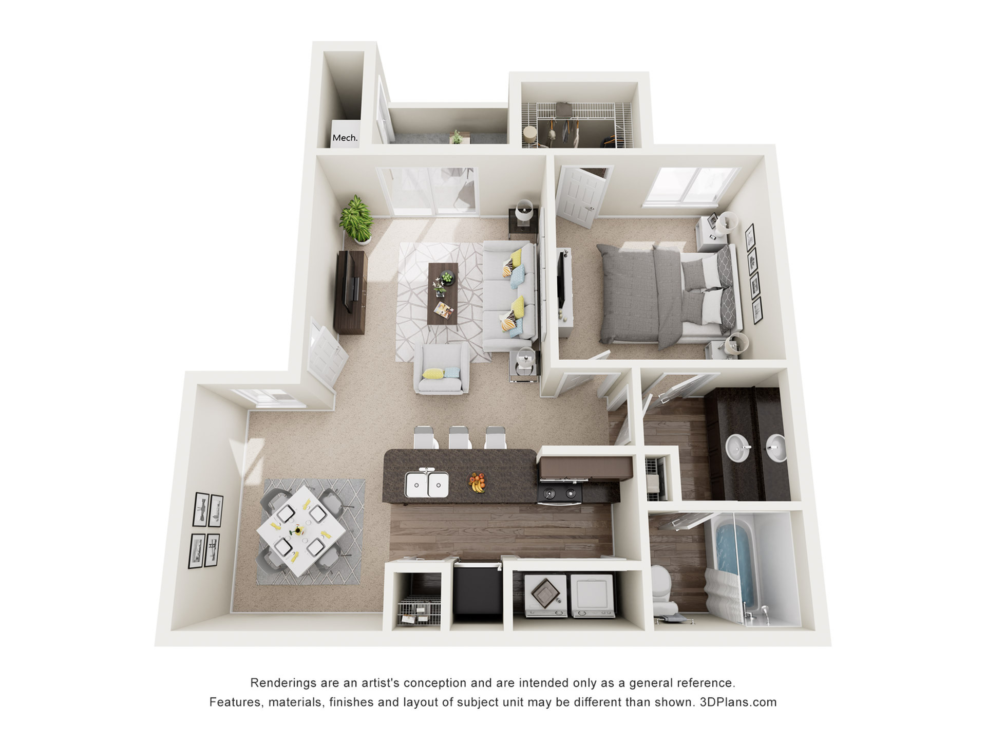 Modern 3D floor plan featuring a cozy 1-bedroom layout, open-concept living and dining area, spacious kitchen, and elegant bathroom.