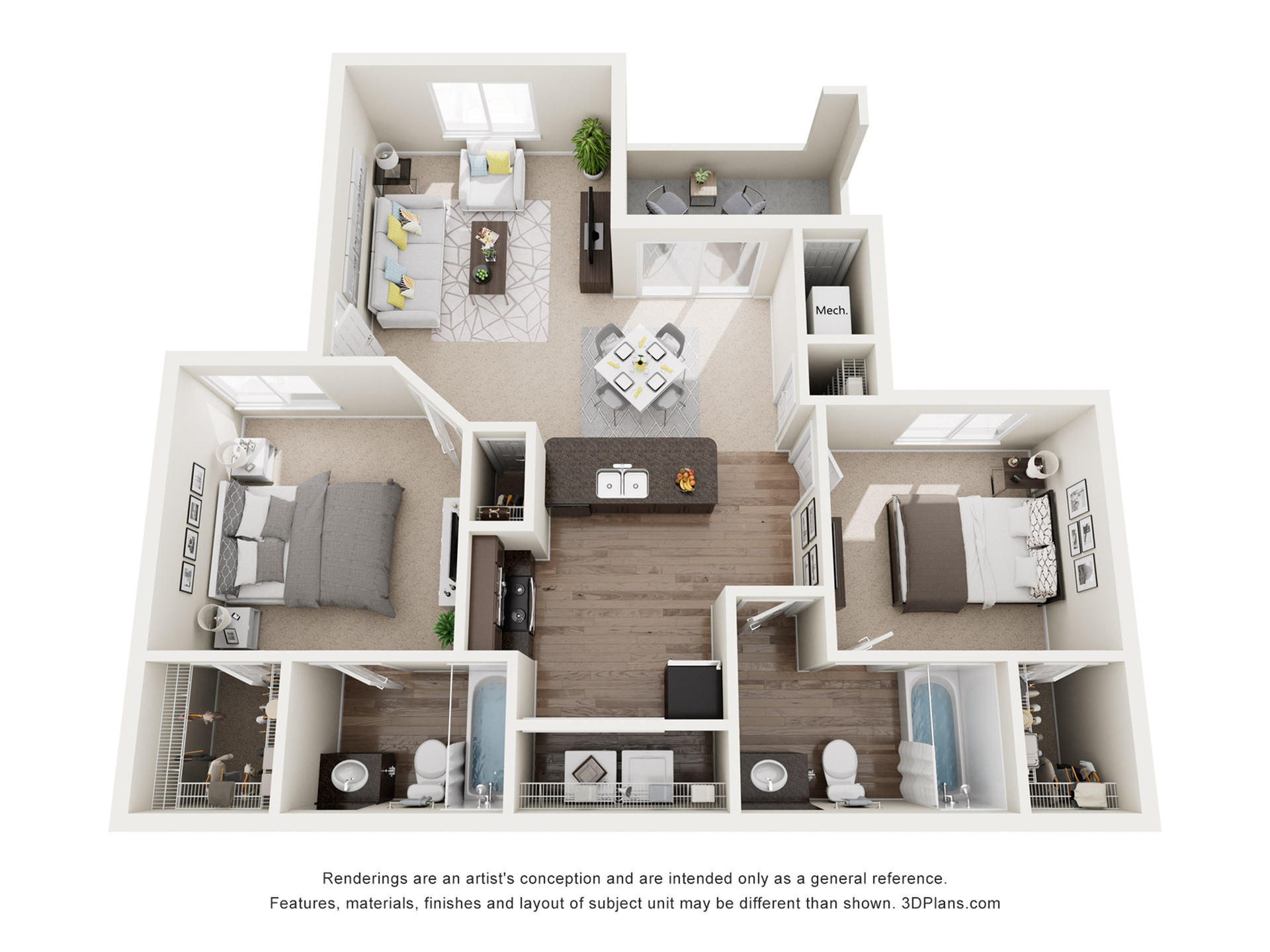 Inviting 3D floor plan showcasing two cozy bedrooms, a contemporary open-concept living and dining area, and a modern kitchen with sleek finishes.