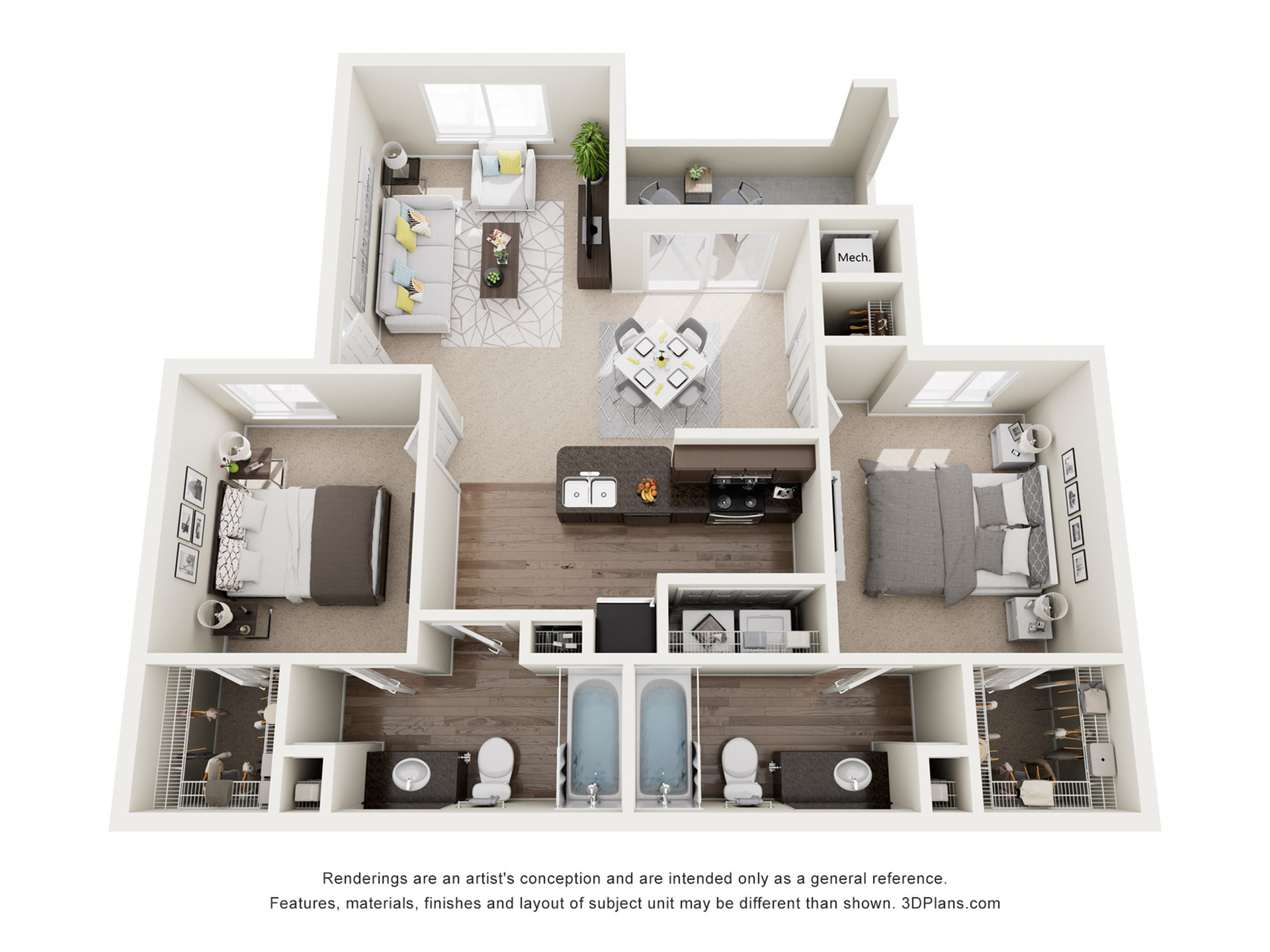Modern 3D floor plan showcasing two spacious bedrooms, an elegant open-concept living area, a stylish kitchen, and a cozy balcony retreat.