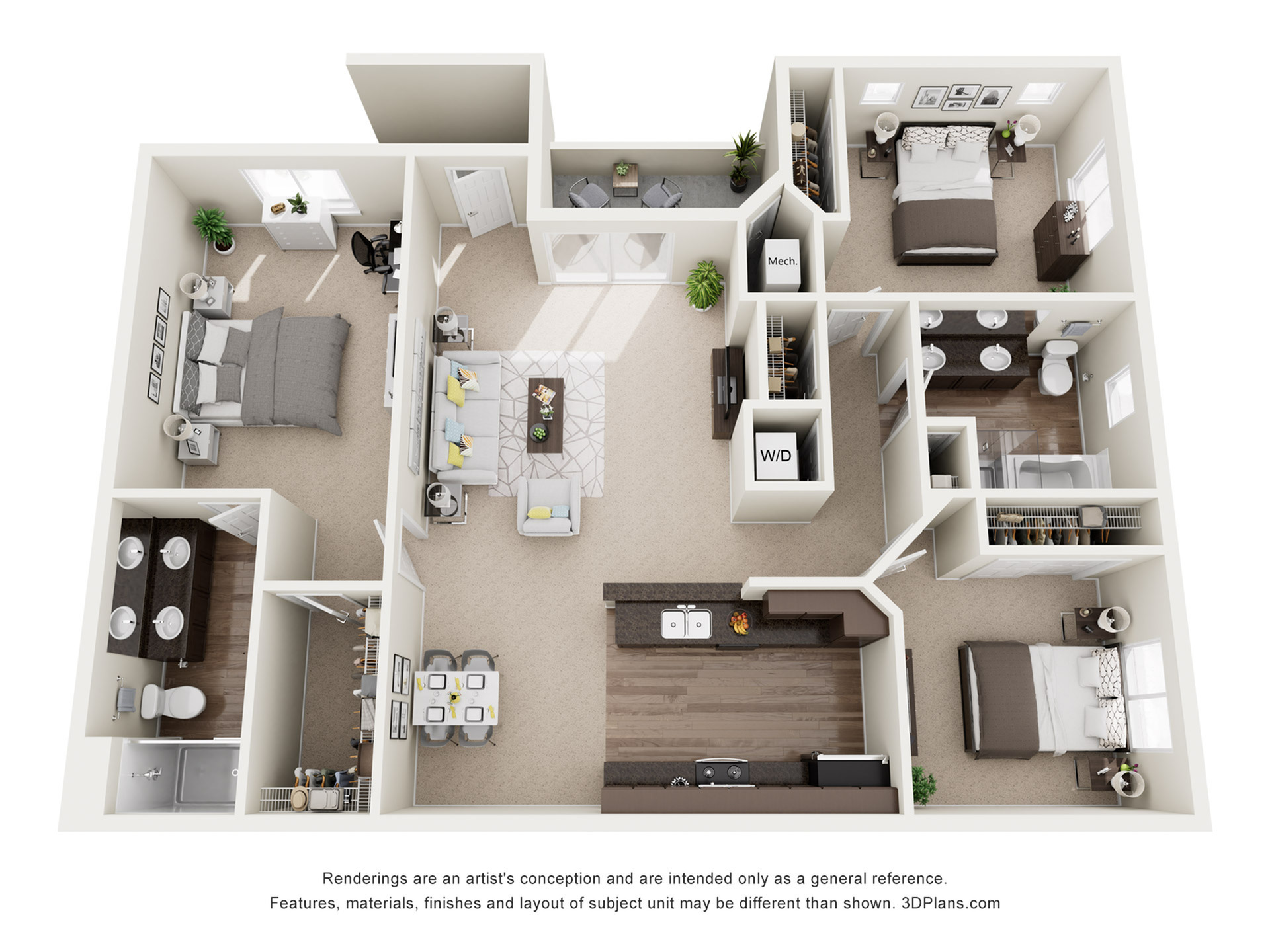 Modern 3D floor plan featuring two spacious bedrooms, two elegant bathrooms, a sleek kitchen with a stylish island, and an inviting living area. Includes a dedicated laundry space and ample storage options.