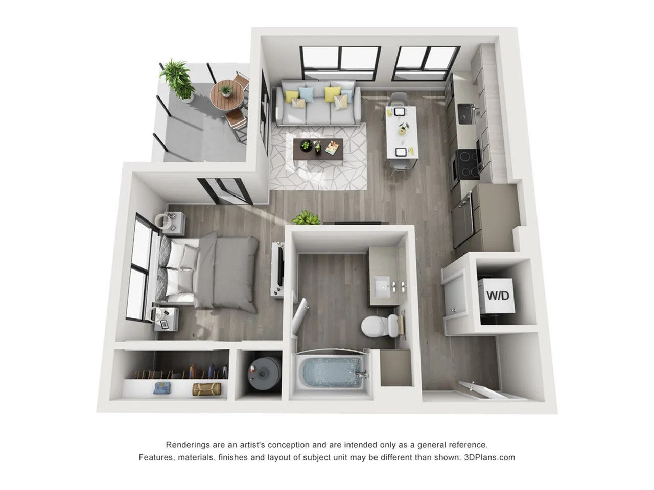 Chic 3D floor plan showcasing a cozy 1-bedroom apartment with spacious living room, modern kitchen, stylish bathroom, and inviting balcony.