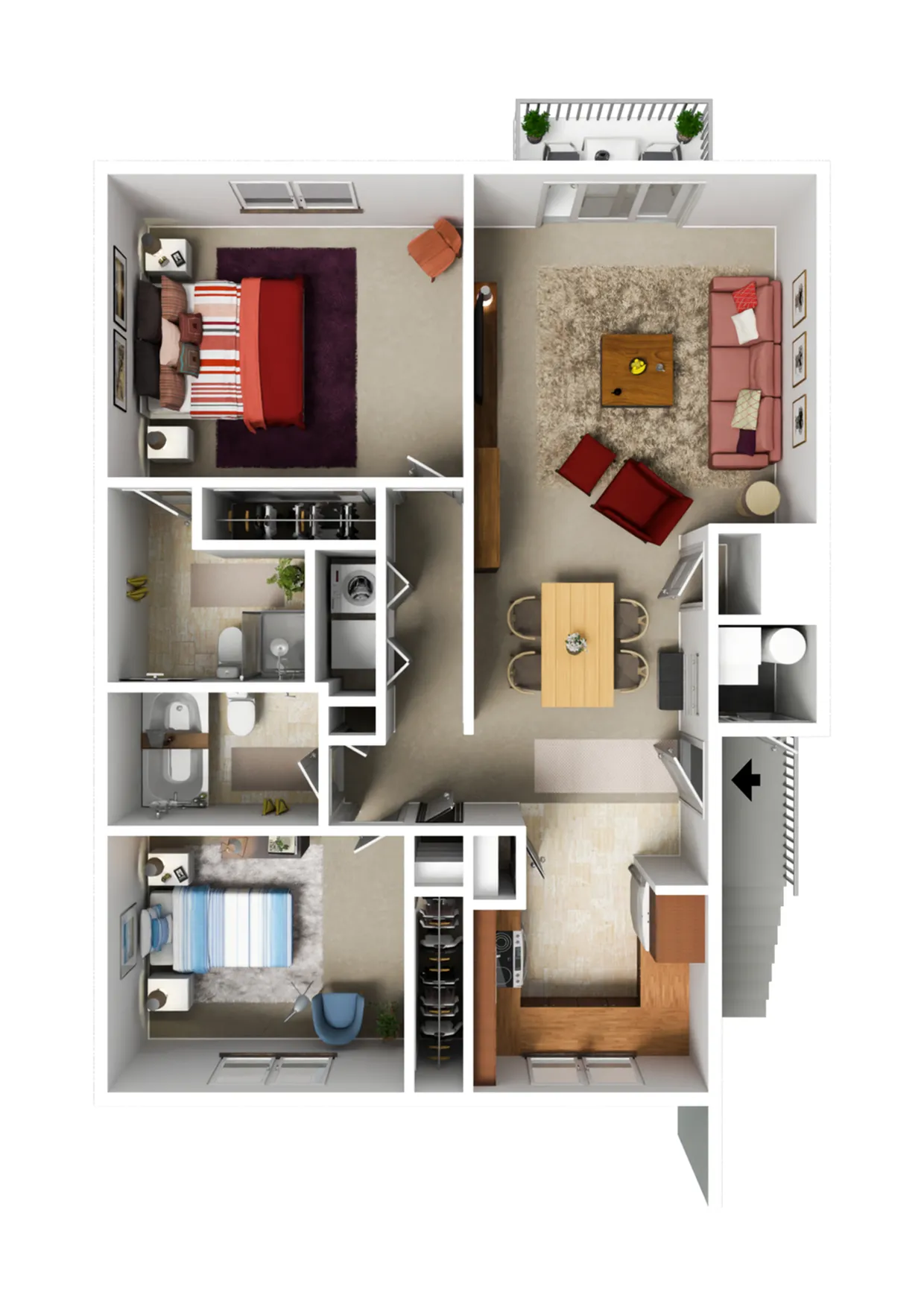 2 bedrooms, cozy living room with balcony access, and a roomy kitchen with dining area.