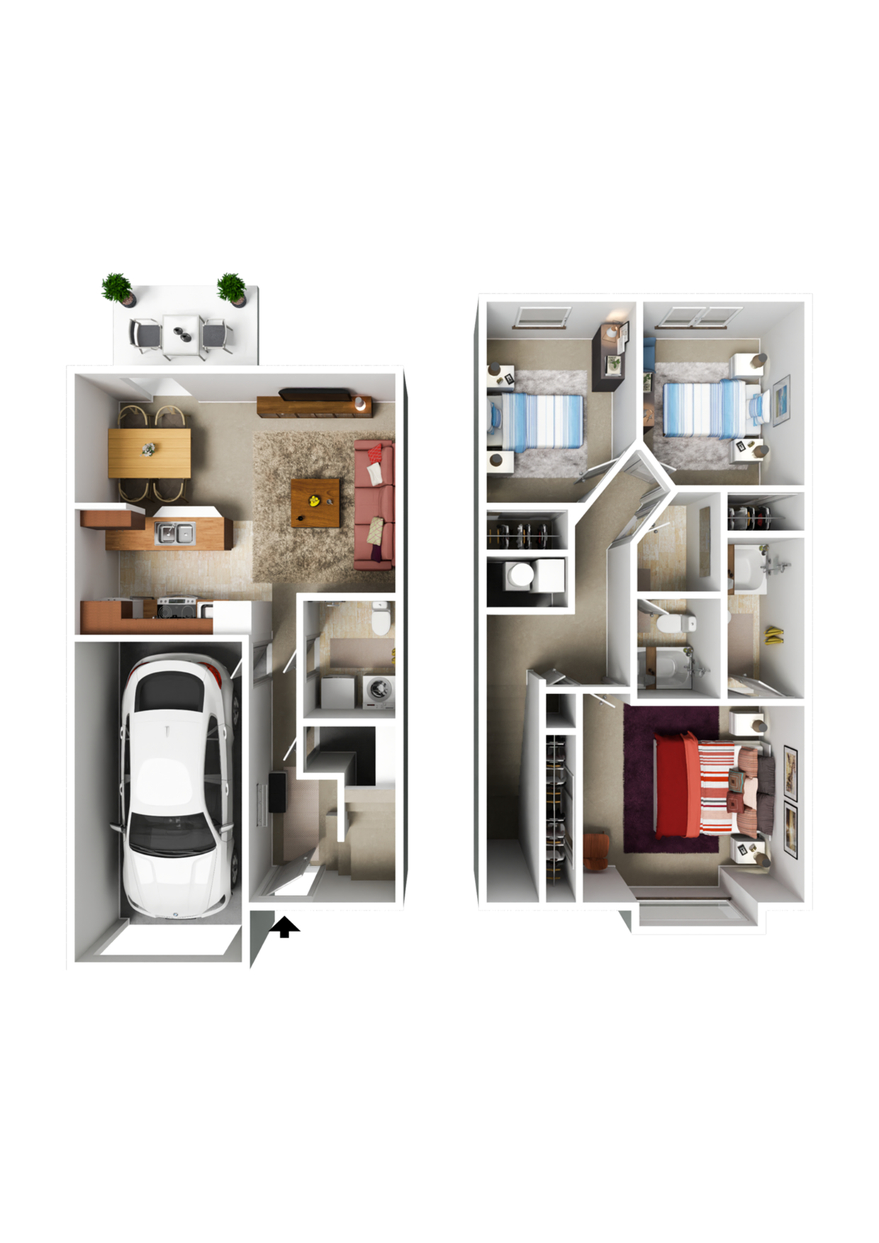 Two-story floor plan featuring three bedrooms, cozy living room, stylish kitchen, and integrated garage.