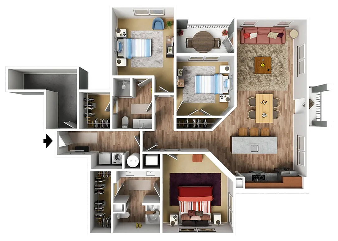 Charming floor plan showcasing 3 bedrooms, a spacious open-concept living area, and modern kitchen with island seating.