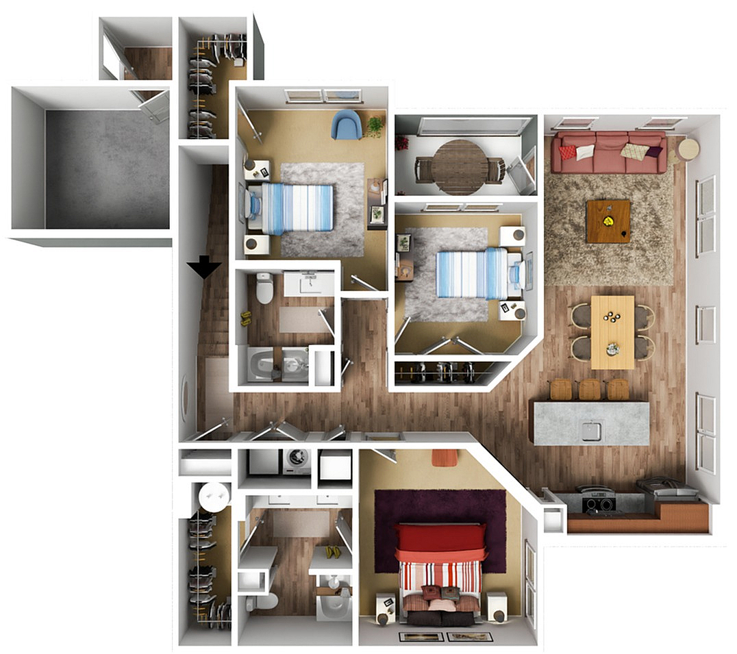 Modern floor plan showcasing three bedrooms, two stylish bathrooms, and an open-concept living and dining area with a sleek kitchen.
